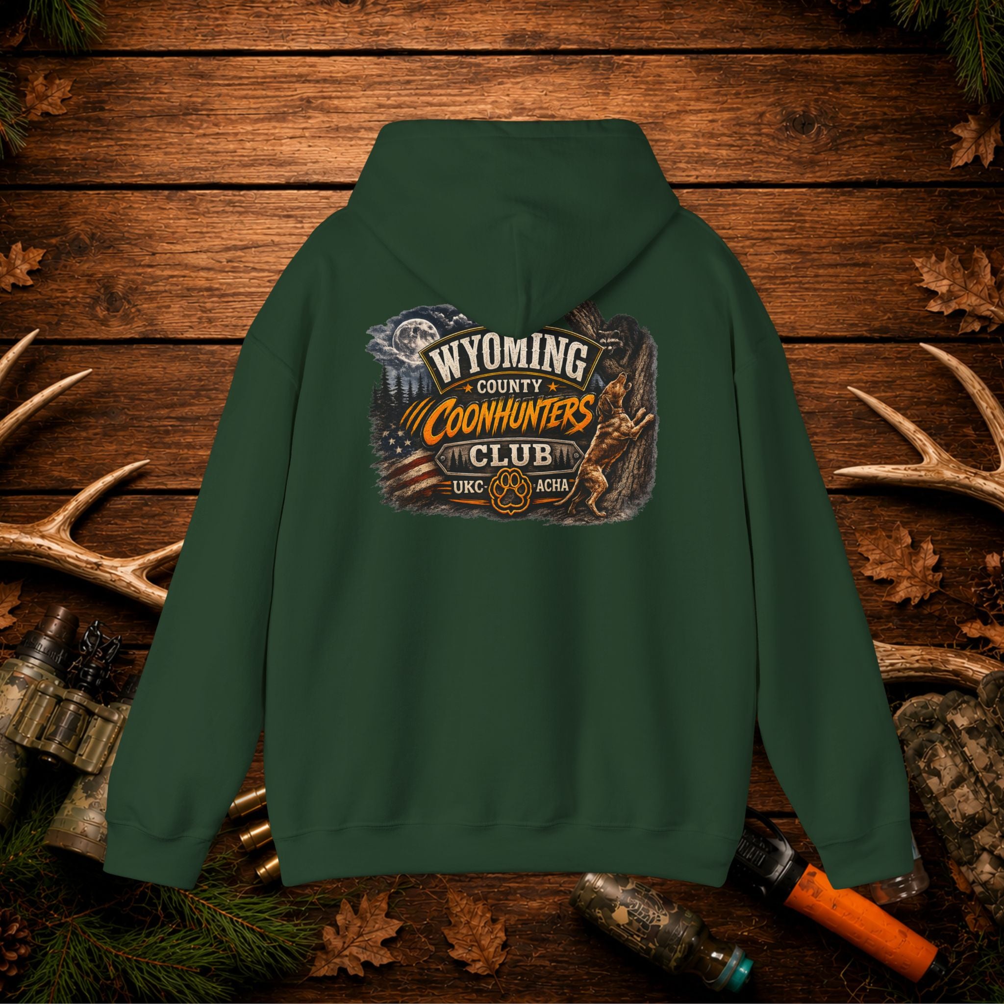 Coonhunters Club Hoodie — Wyoming County Retro Hunting Graphic
