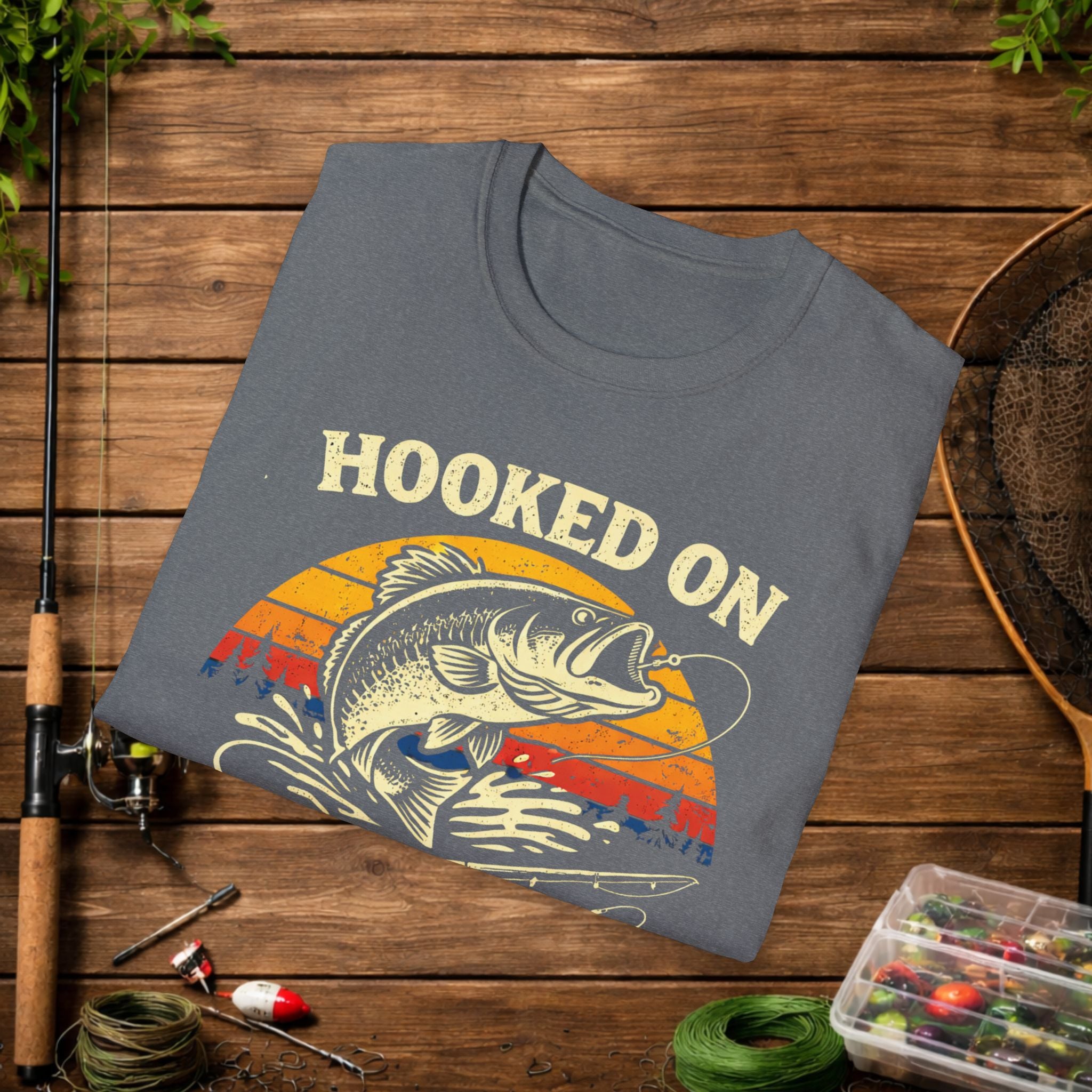 Hooked on Fishing Retro Sunset Shirt – Bass Fishing T-Shirt – Vintage Fisherman Tee – Largemouth Bass Angler Gift