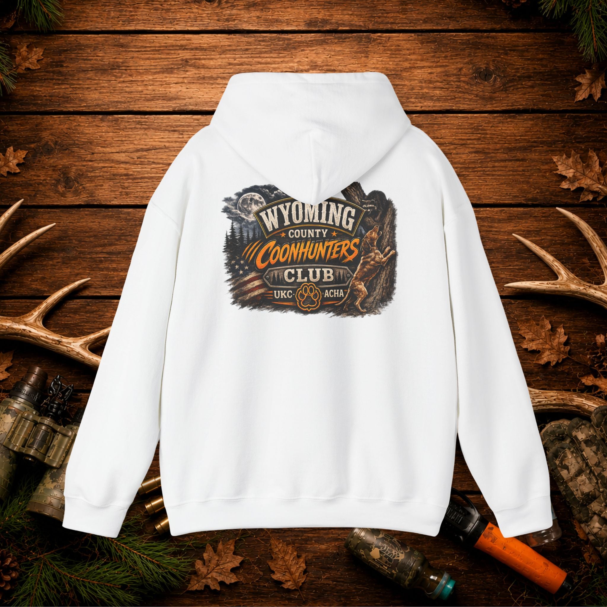 Coonhunters Club Hoodie — Wyoming County Retro Hunting Graphic
