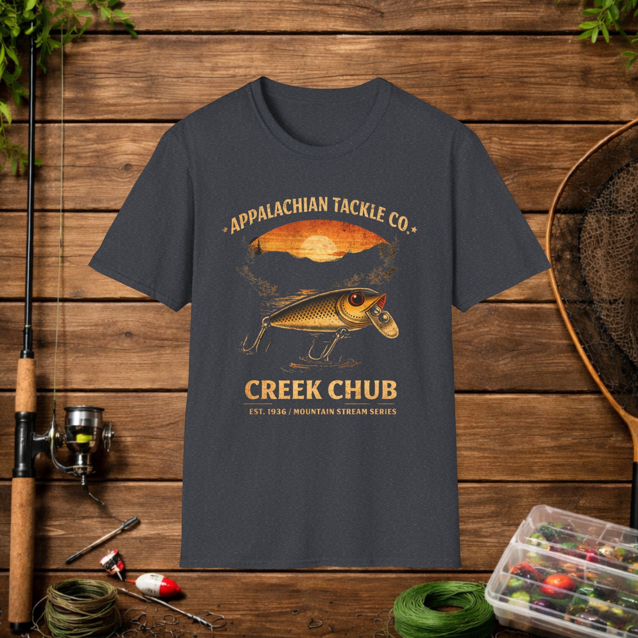 Appalachian Tackle Co Creek Chub Shirt – Vintage Fishing Lure Tee – Old School Bass Fishing Shirt – Mountain Stream Apparel