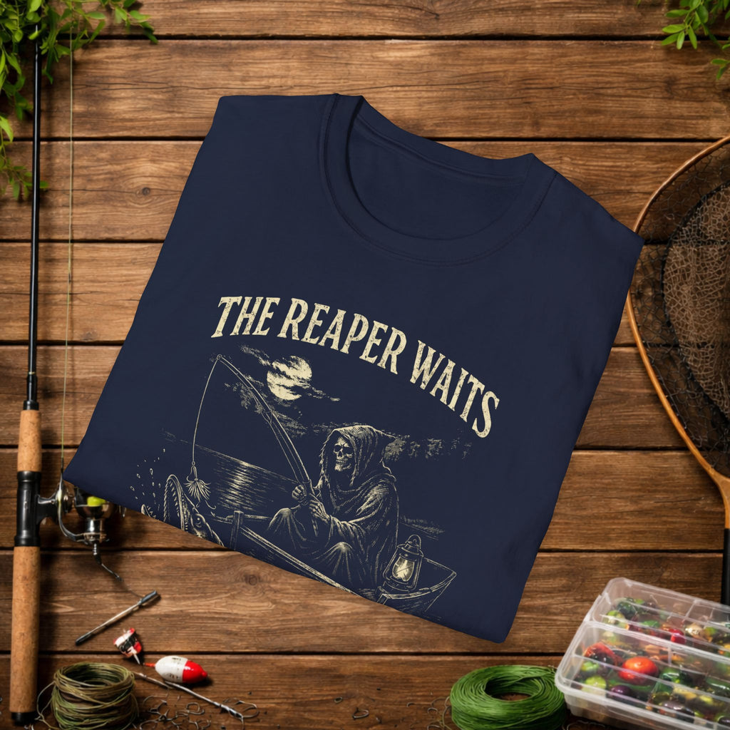 Musky Fishing Shirt – The Reaper Waits – Grim Reaper Fishing Tee – Muskie Angler Gift – Dark Fishing T-Shirt