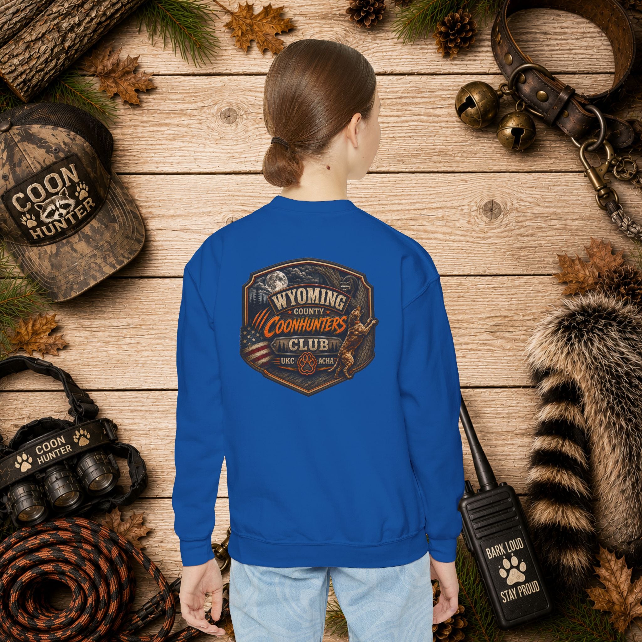 Wyoming Coonhunters Club Youth Crewneck Sweatshirt — Dual Print Banner front/Badge back