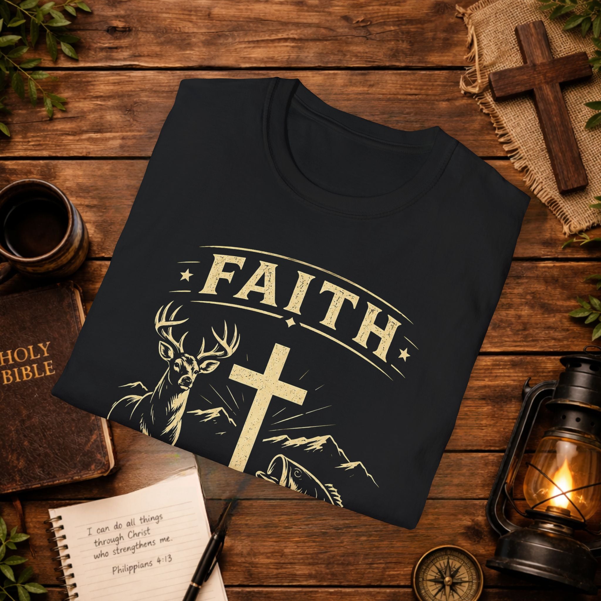 Faith Cross Deer & Fish T-Shirt — Christian Hunting & Fishing Graphic Tee