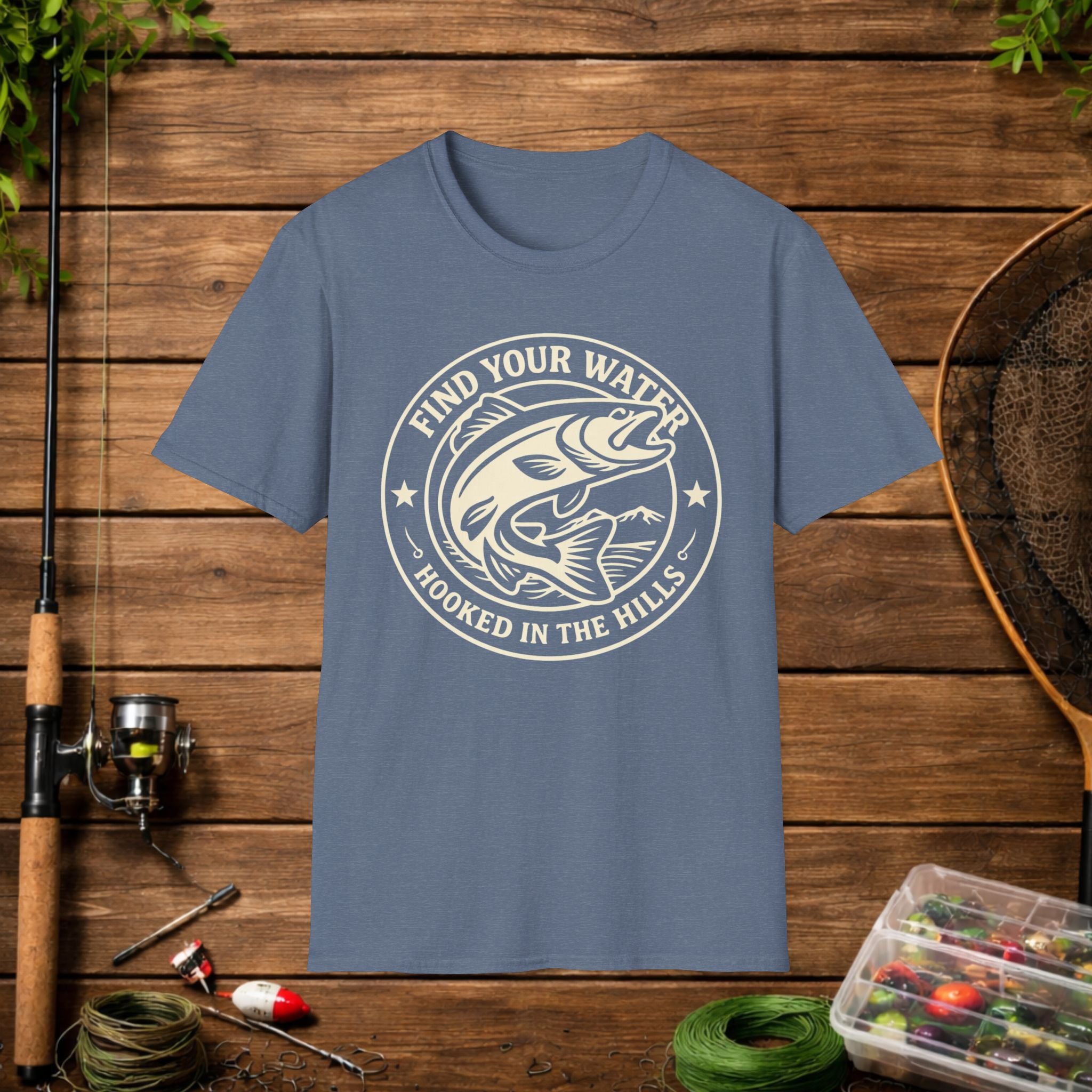 Find Your Water Fishing Shirt – Hooked in the Hills Bass Graphic Tee – Trout & Bass Angler Gift