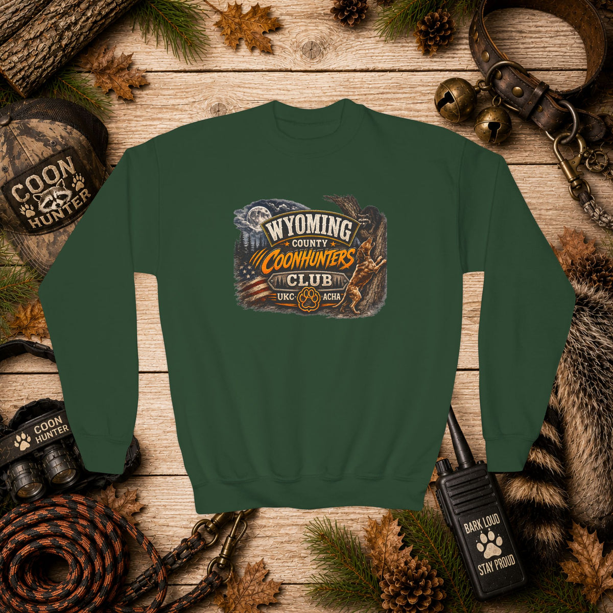 Wyoming Coonhunters Club Youth Crewneck Sweatshirt — Dual Print Banner front/Badge back