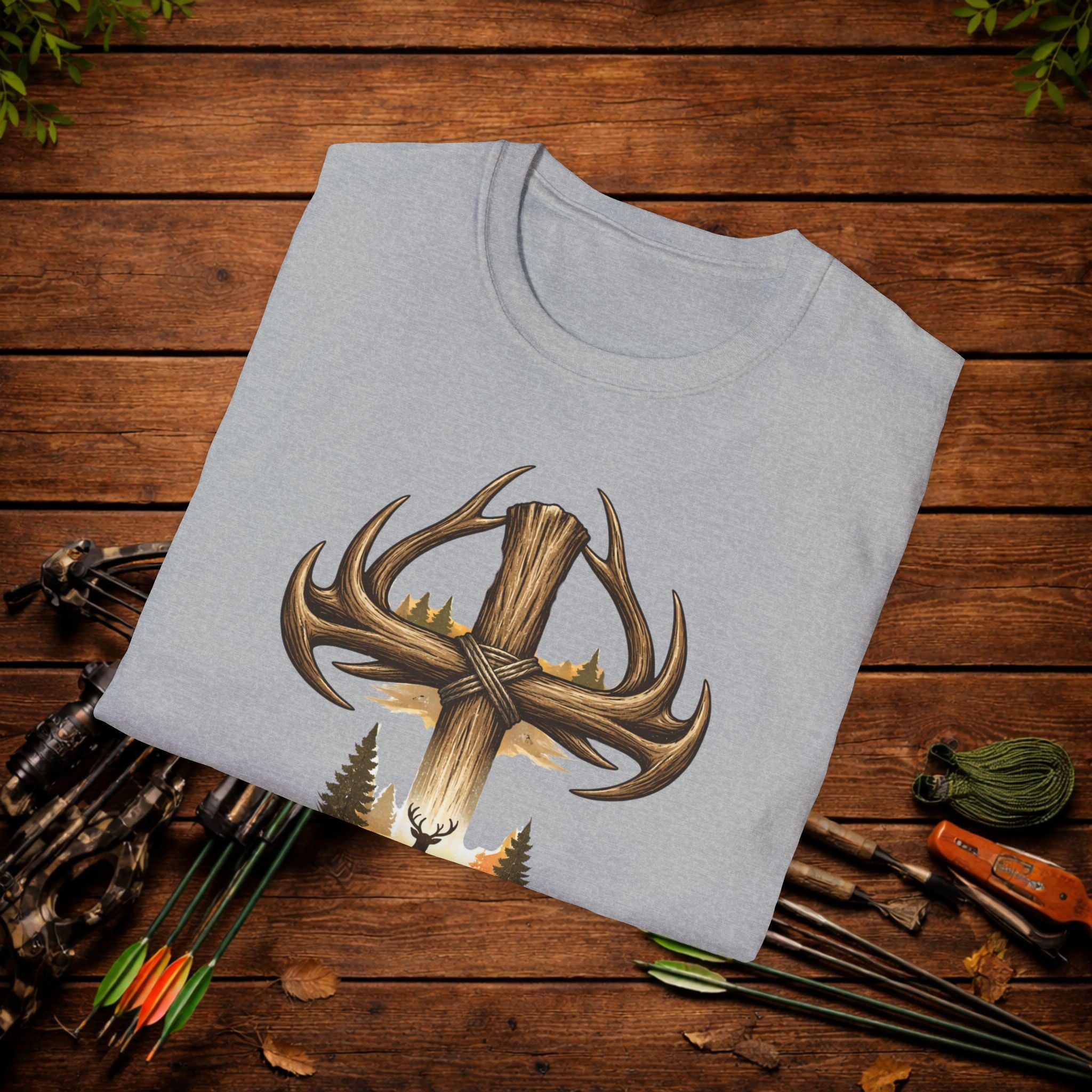Christian Deer Hunting Shirt – Cross with Antlers Whitetail Tee – Faith Hunting Apparel – Rustic Outdoor Shirt