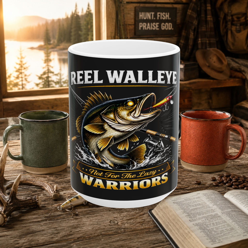 Walleye Fishing Mug — “Reel Walleye Warriors” Ceramic Coffee Cup (11oz/15oz)