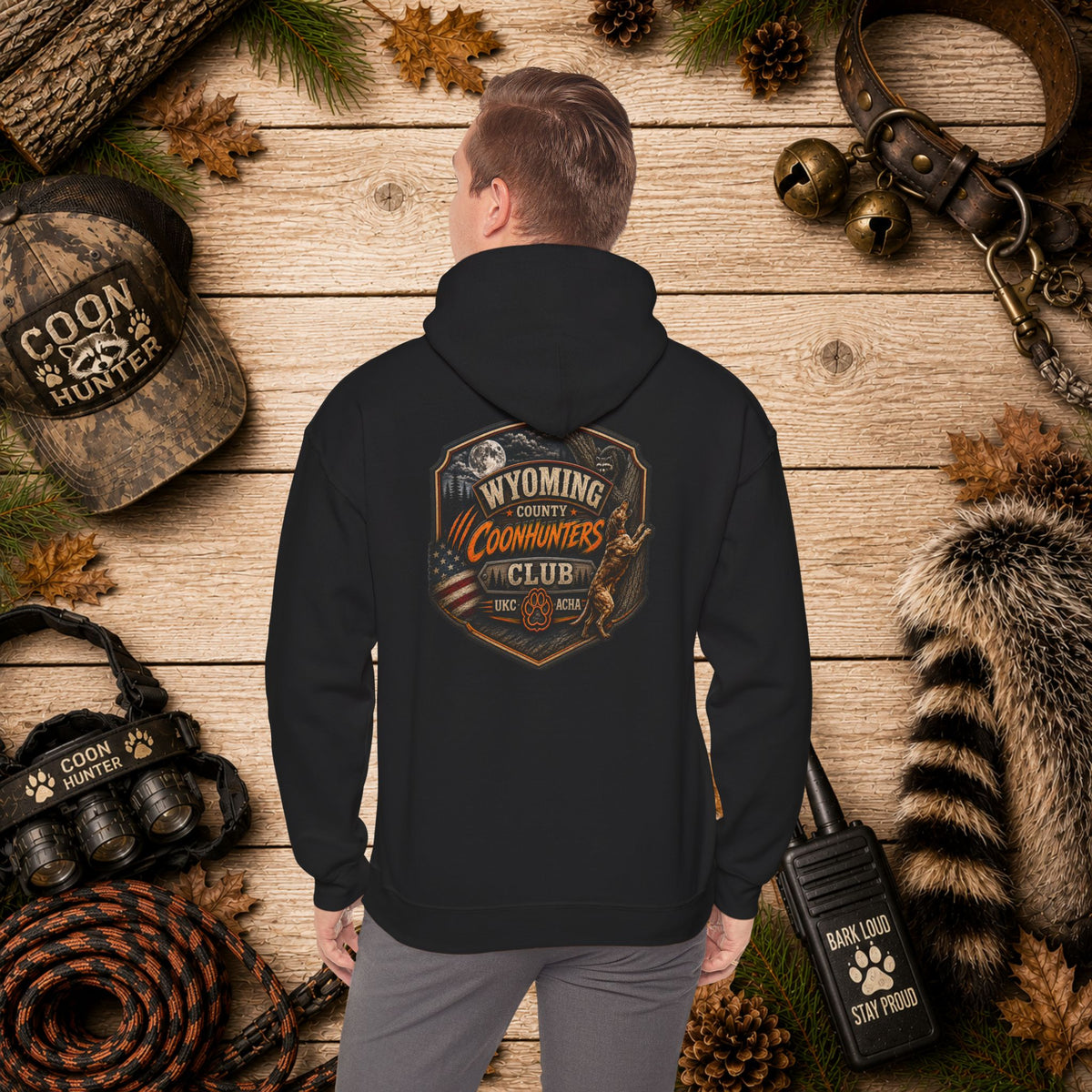 Wyoming County Coonhunters Club Hoodie – Rustic Hunting Badge Sweatshirt