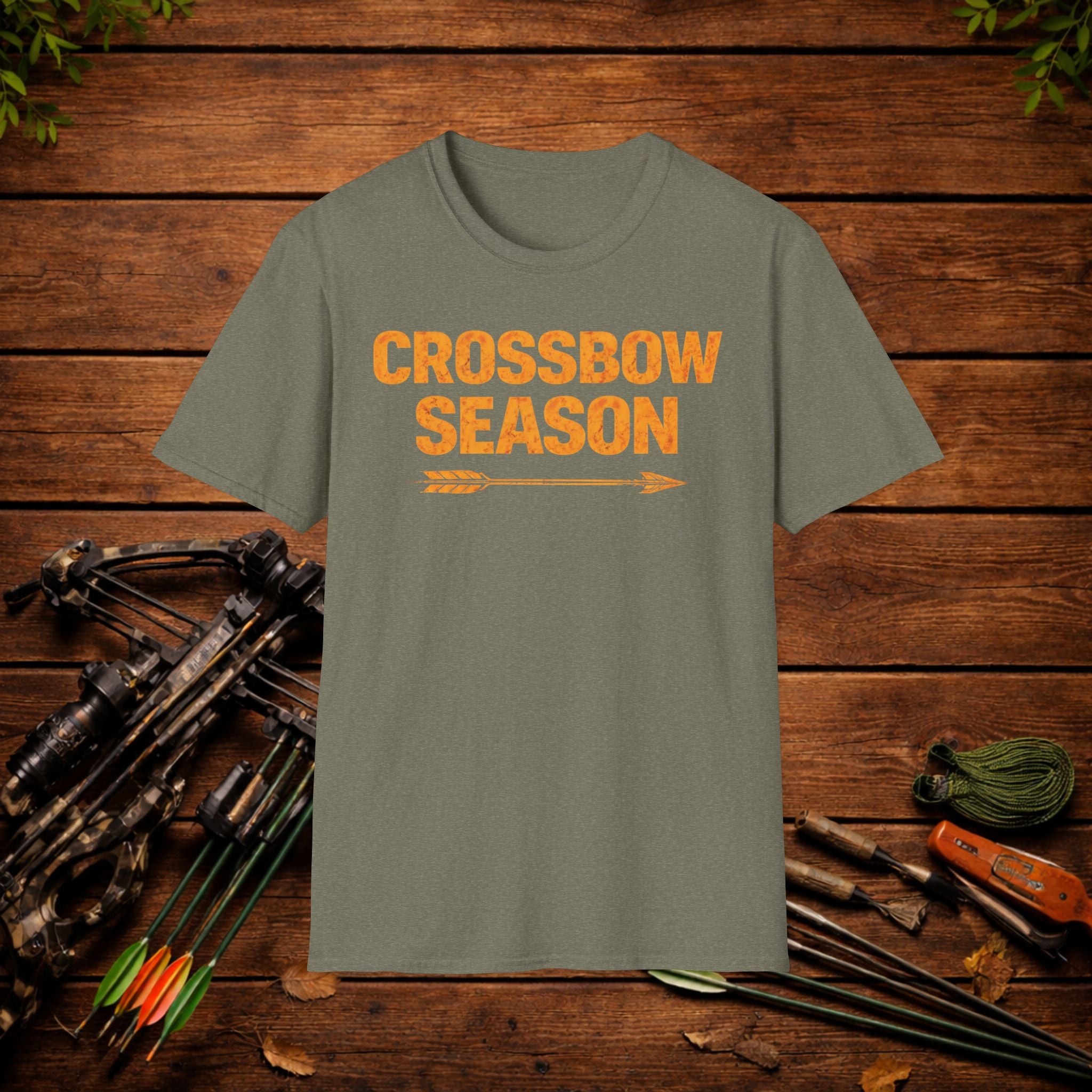 "Deer hunter graphic tee with distressed crossbow design"
