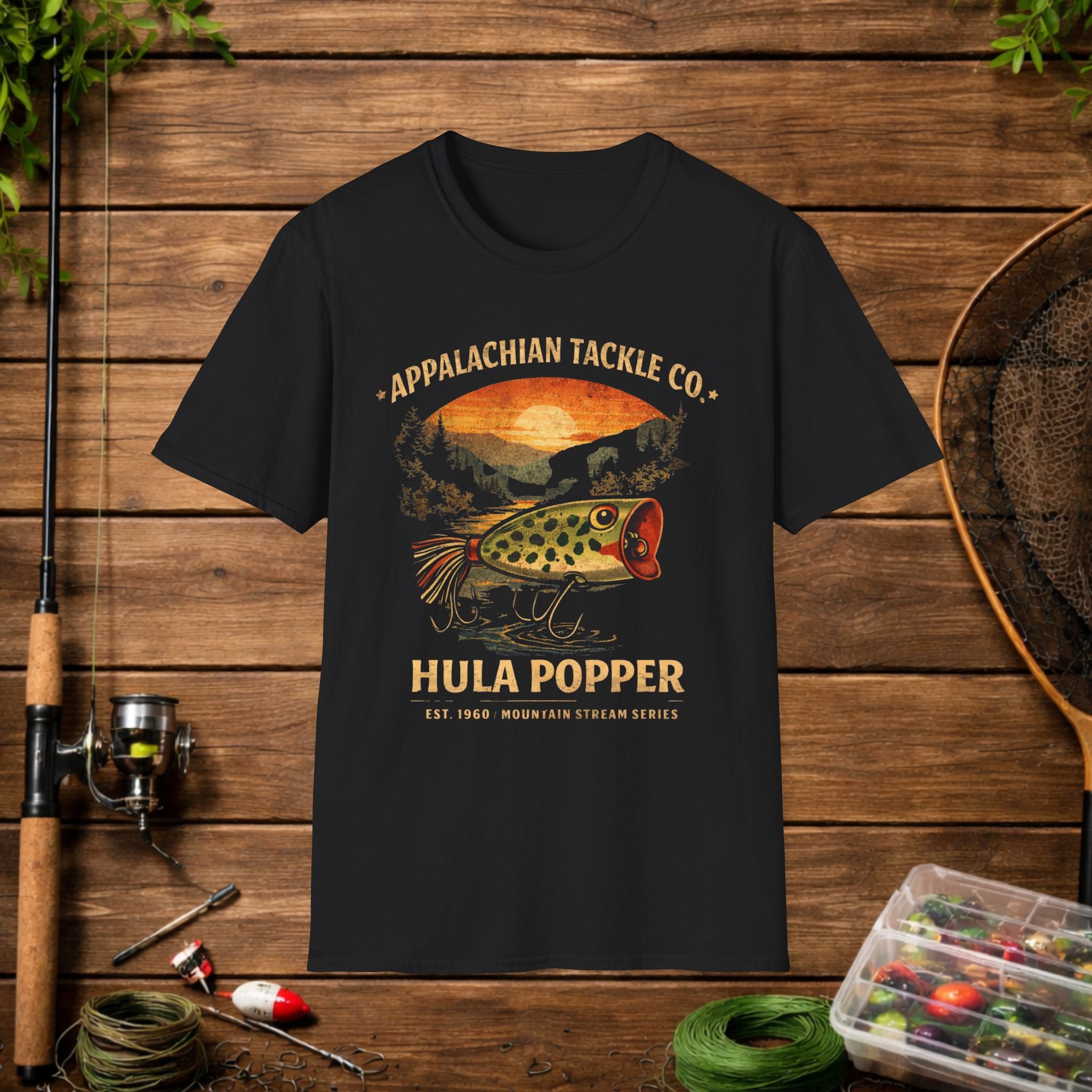 Appalachian Tackle Co Hula Popper Shirt – Vintage Fishing Lure Tee – Topwater Bass Fishing Shirt – Mountain Stream Apparel