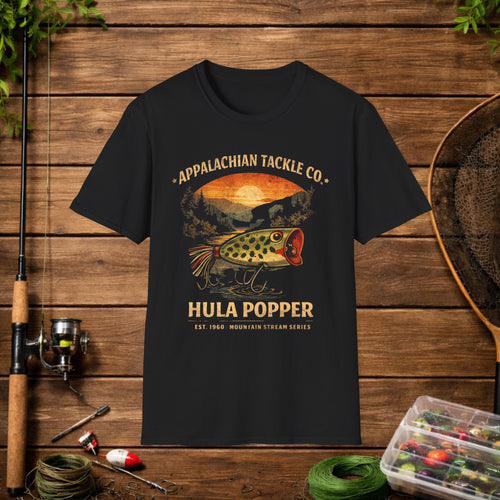 Appalachian Tackle Co Hula Popper Shirt – Vintage Fishing Lure Tee – Topwater Bass Fishing Shirt – Mountain Stream Apparel