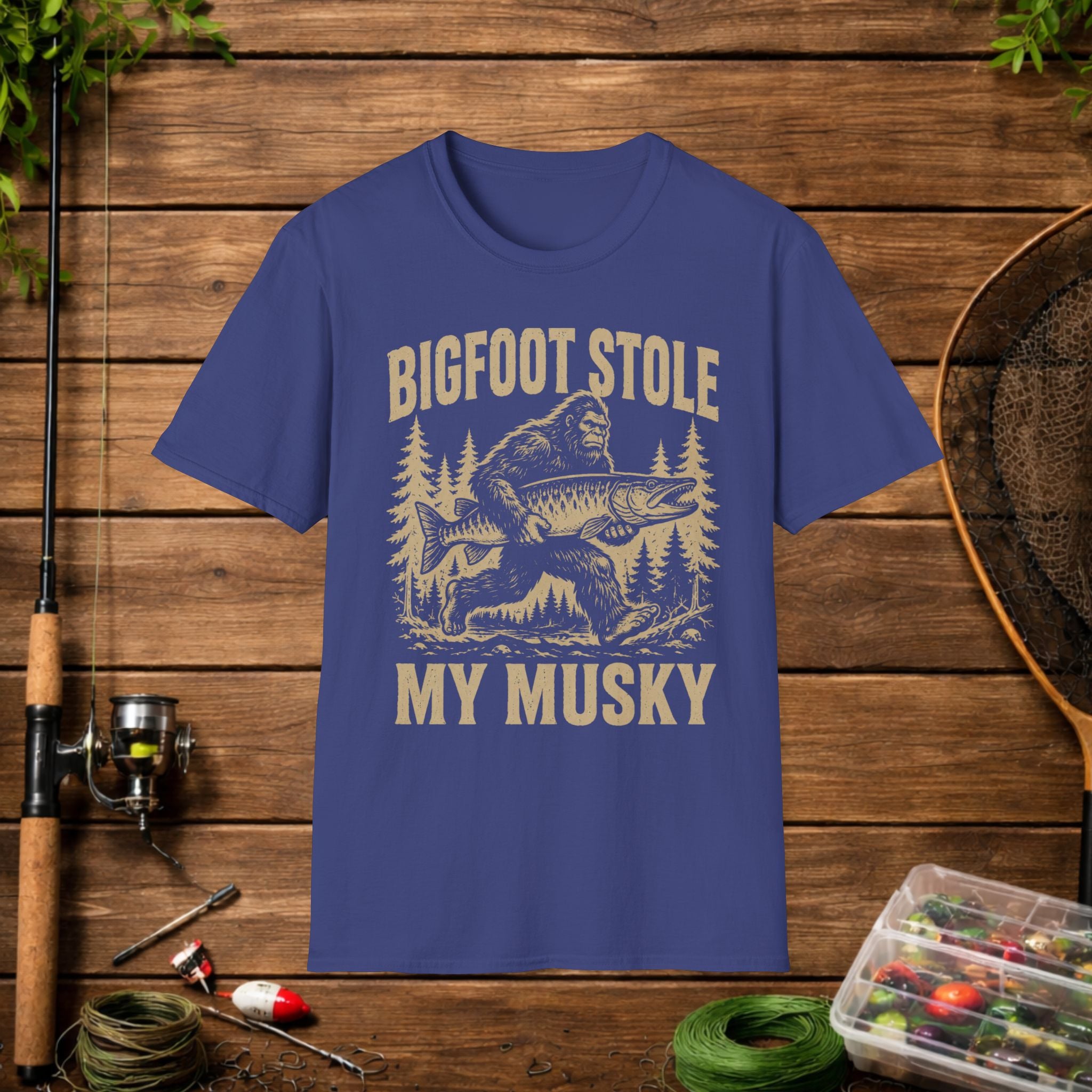 Bigfoot Stole My Musky T-Shirt — Funny Fishing Muskie Tee for Anglers
