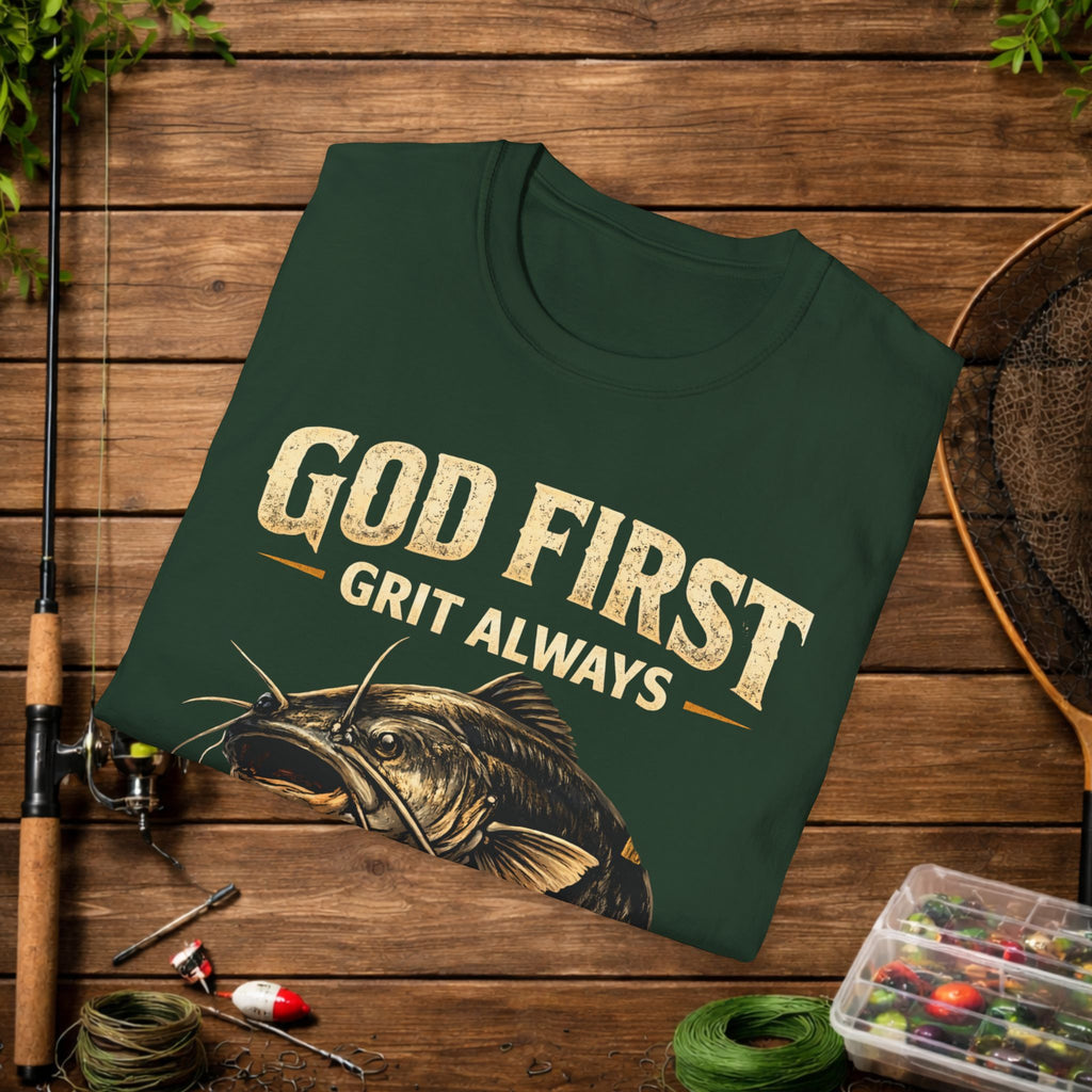 God First Grit Always Shirt – Catfish Fishing Tee – Faith Based Outdoor Shirt – Christian River Life Apparel