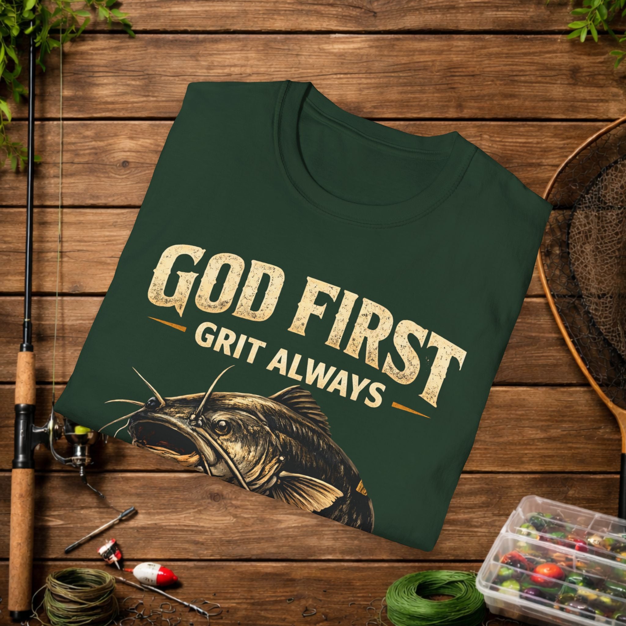 God First Grit Always Shirt – Catfish Fishing Tee – Faith Based Outdoor Shirt – Christian River Life Apparel