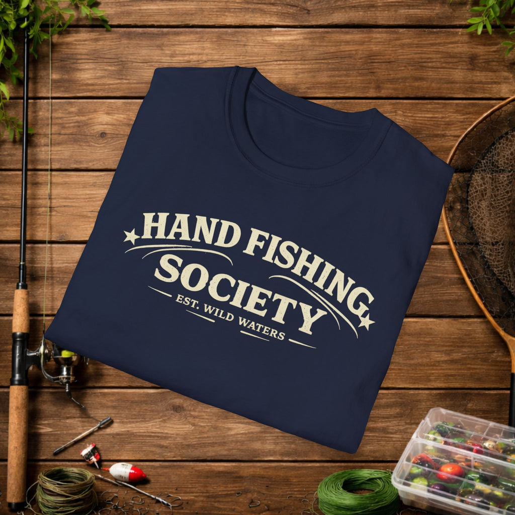 Hand Fishing Society Shirt – Catfish Noodling Tee – Wild Waters Fishing Shirt – River Life Outdoor Apparel