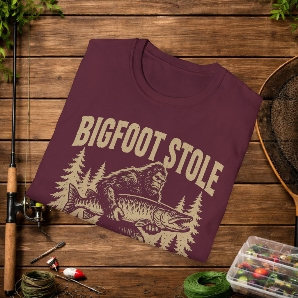 Bigfoot Stole My Musky T-Shirt — Funny Fishing Muskie Tee for Anglers