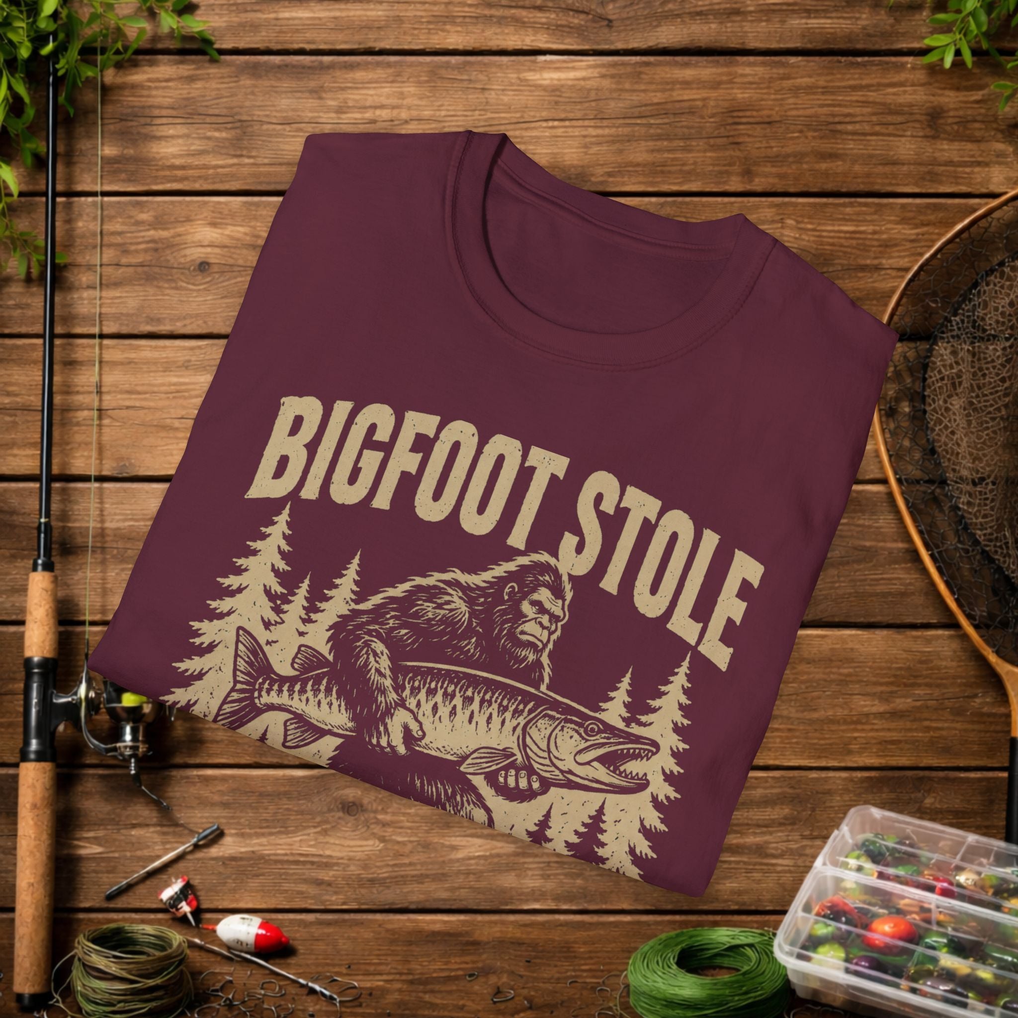 Bigfoot Stole My Musky T-Shirt — Funny Fishing Muskie Tee for Anglers
