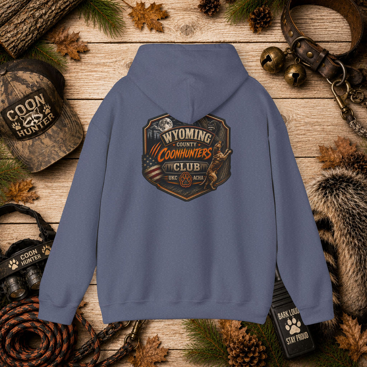 Wyoming Coonhunters Club Hoodie – Vintage Coon Hunting Graphic Dual print Banner front/Badge Back