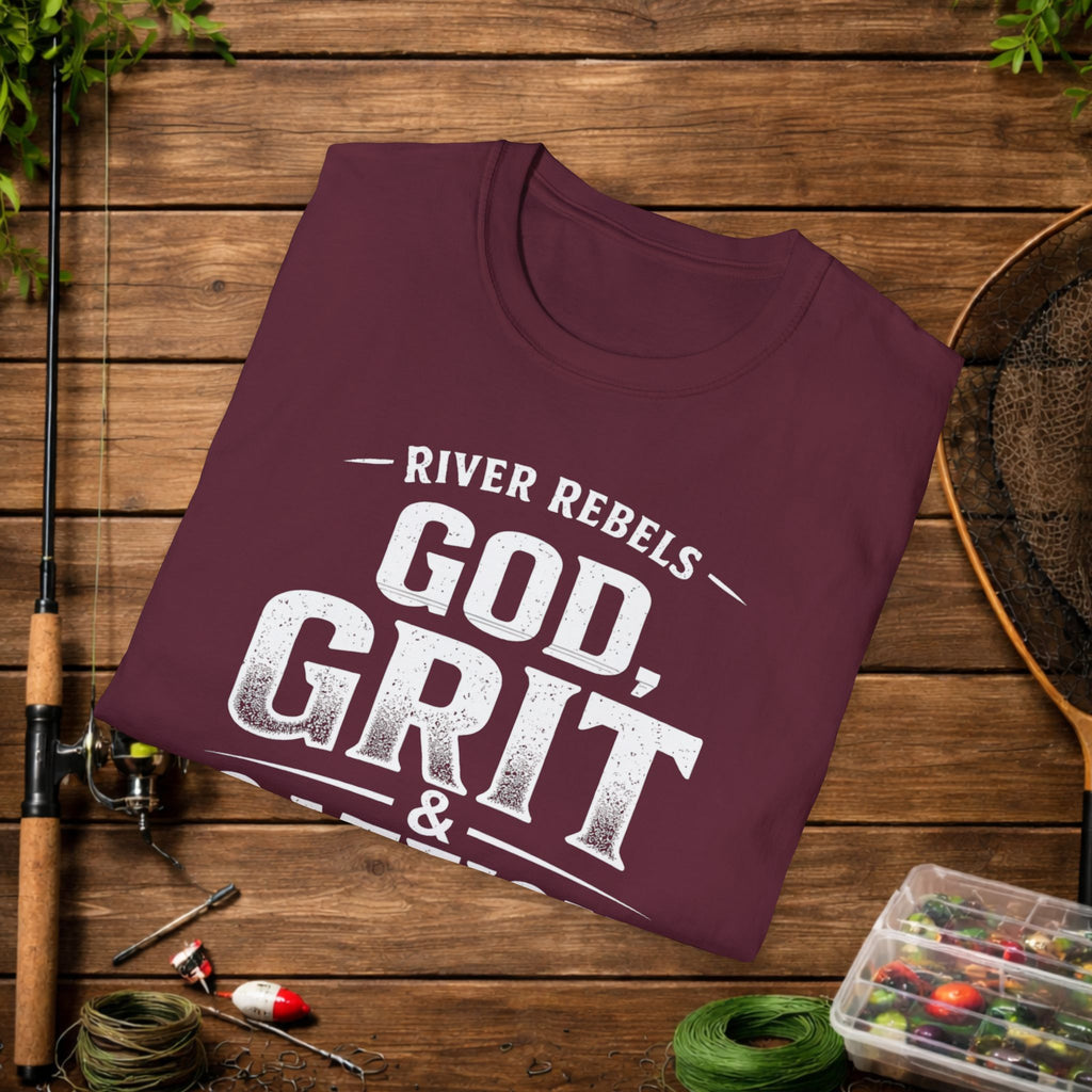 God Grit & Catfish Shirt – River Rebels Faith Fishing Tee – Christian Outdoor Shirt – Built Different Country Apparel