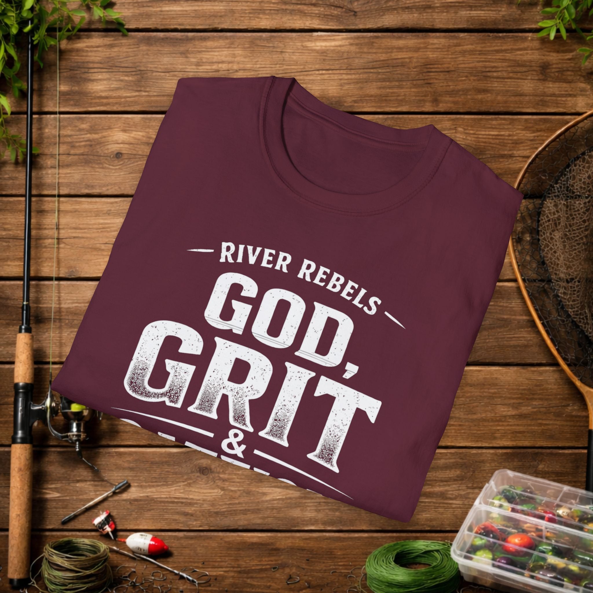 God Grit & Catfish Shirt – River Rebels Faith Fishing Tee – Christian Outdoor Shirt – Built Different Country Apparel