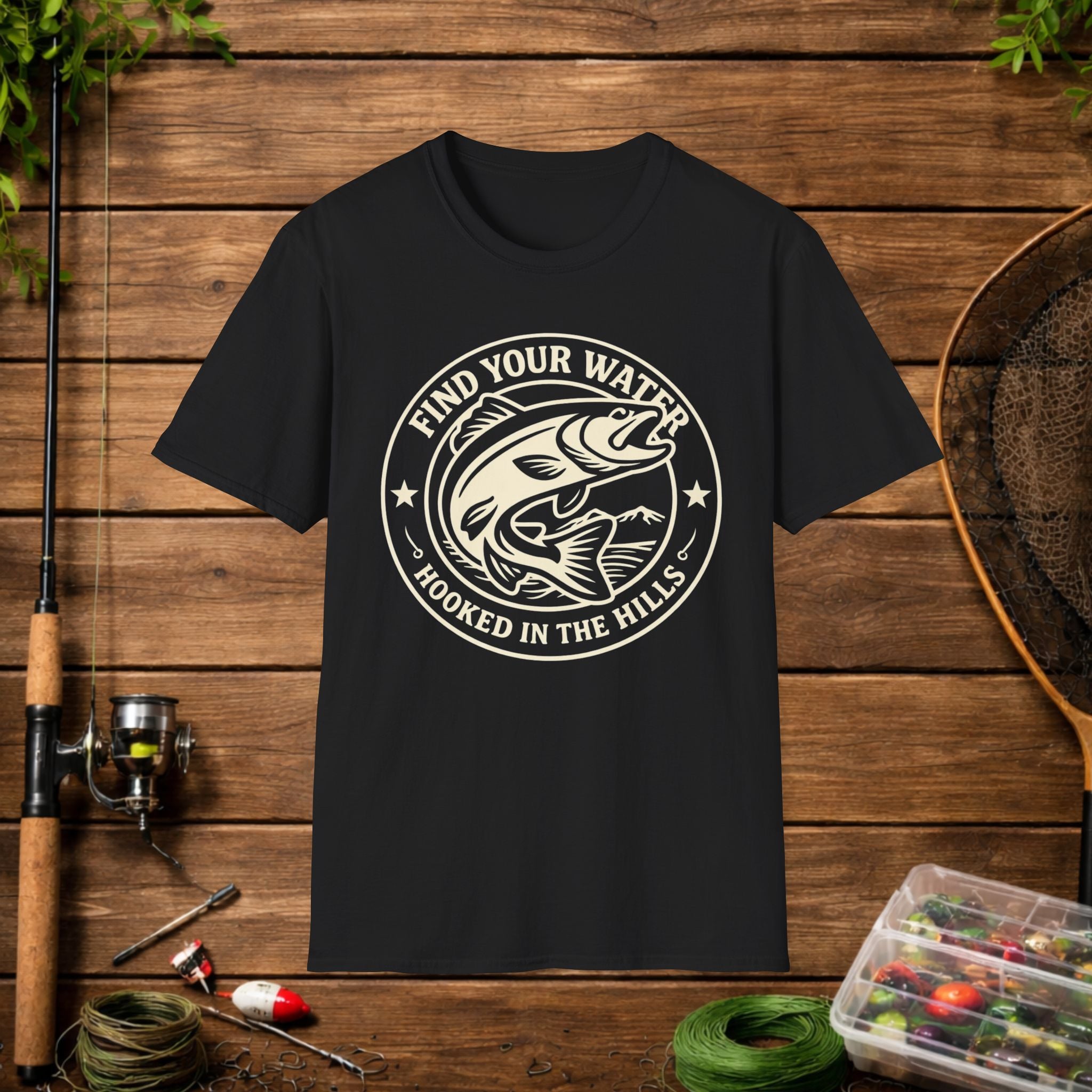 Find Your Water Fishing Shirt – Hooked in the Hills Bass Graphic Tee – Trout & Bass Angler Gift
