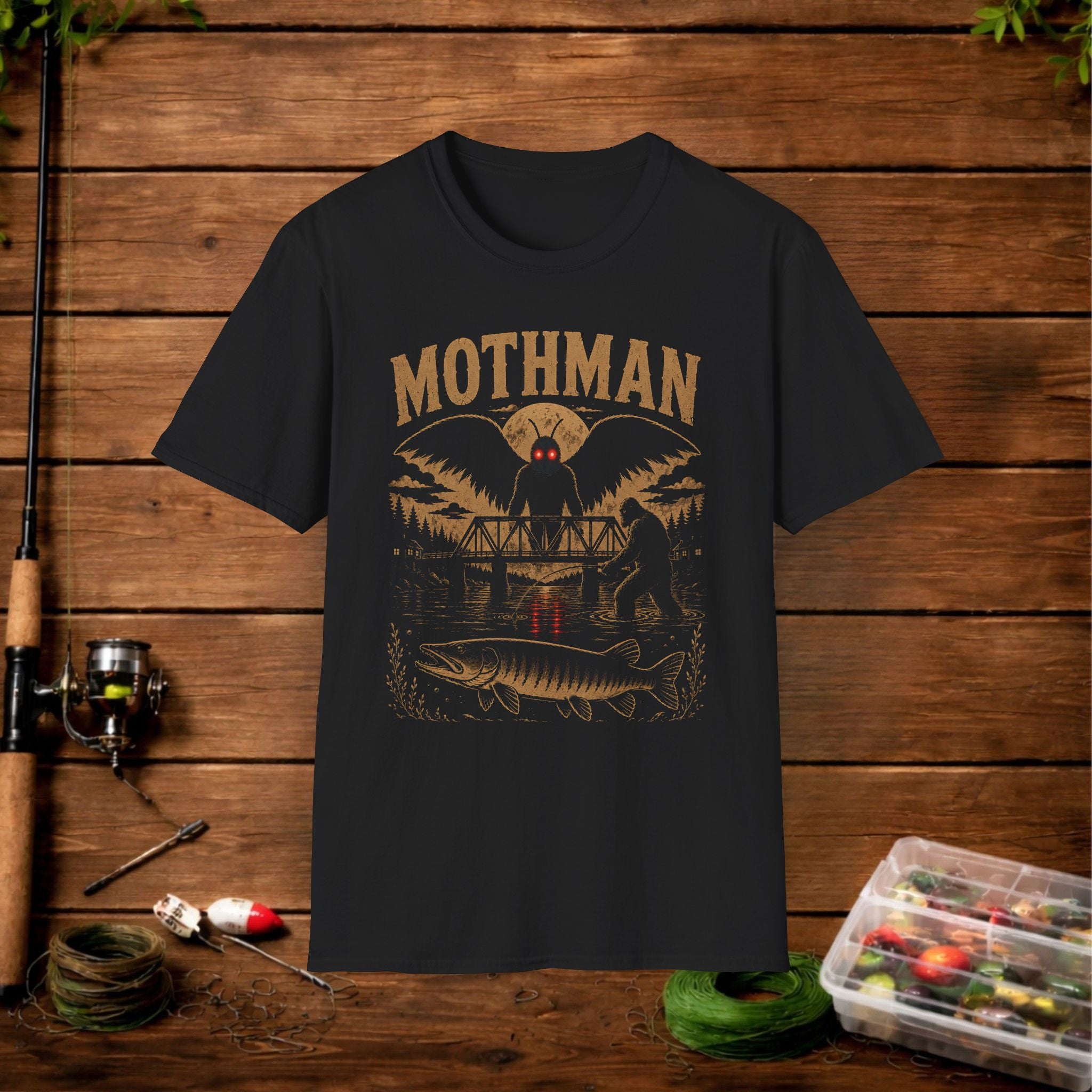Mothman Bigfoot Fishing Graphic T-Shirt — Retro Cryptid Design (Mothman)
