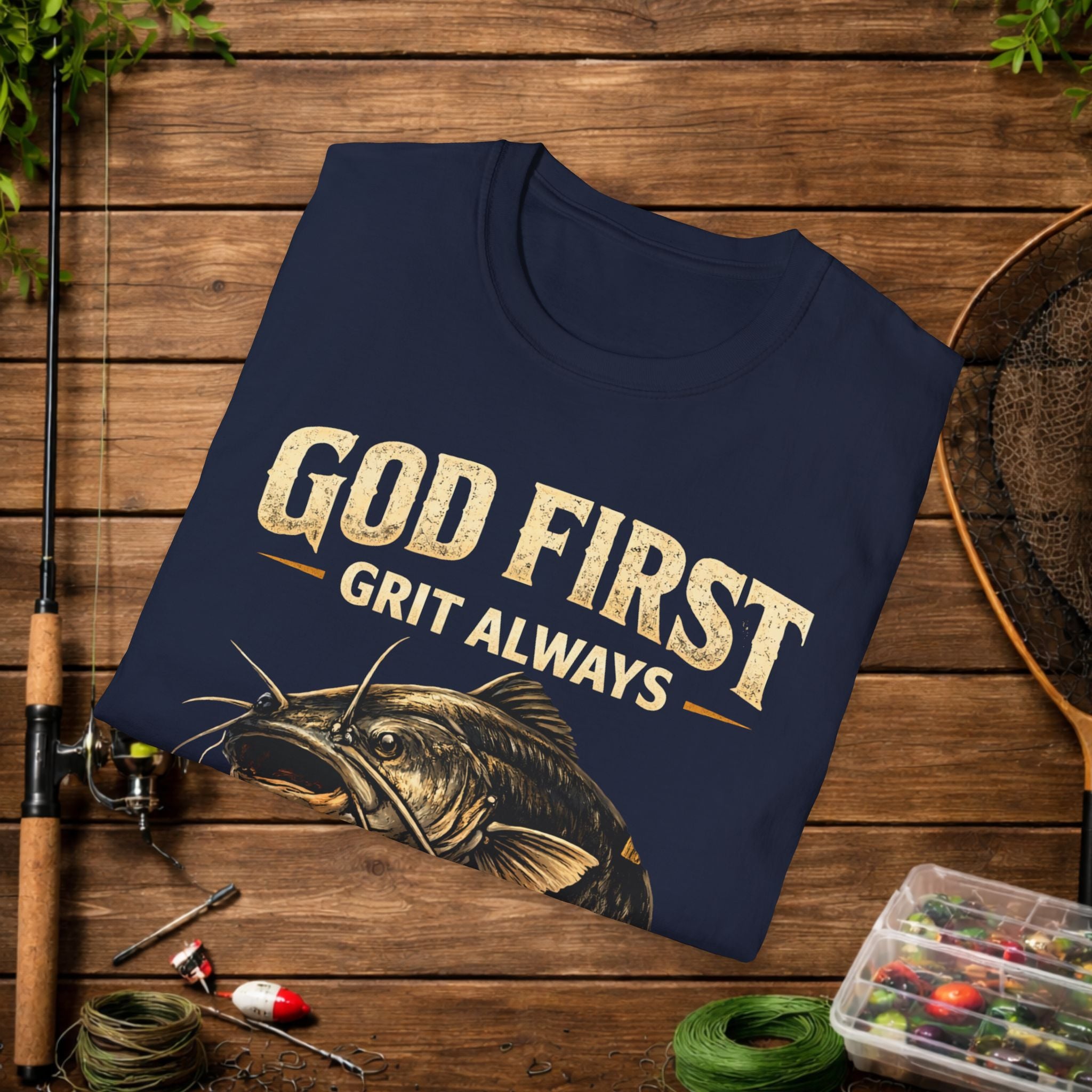 God First Grit Always Shirt – Catfish Fishing Tee – Faith Based Outdoor Shirt – Christian River Life Apparel