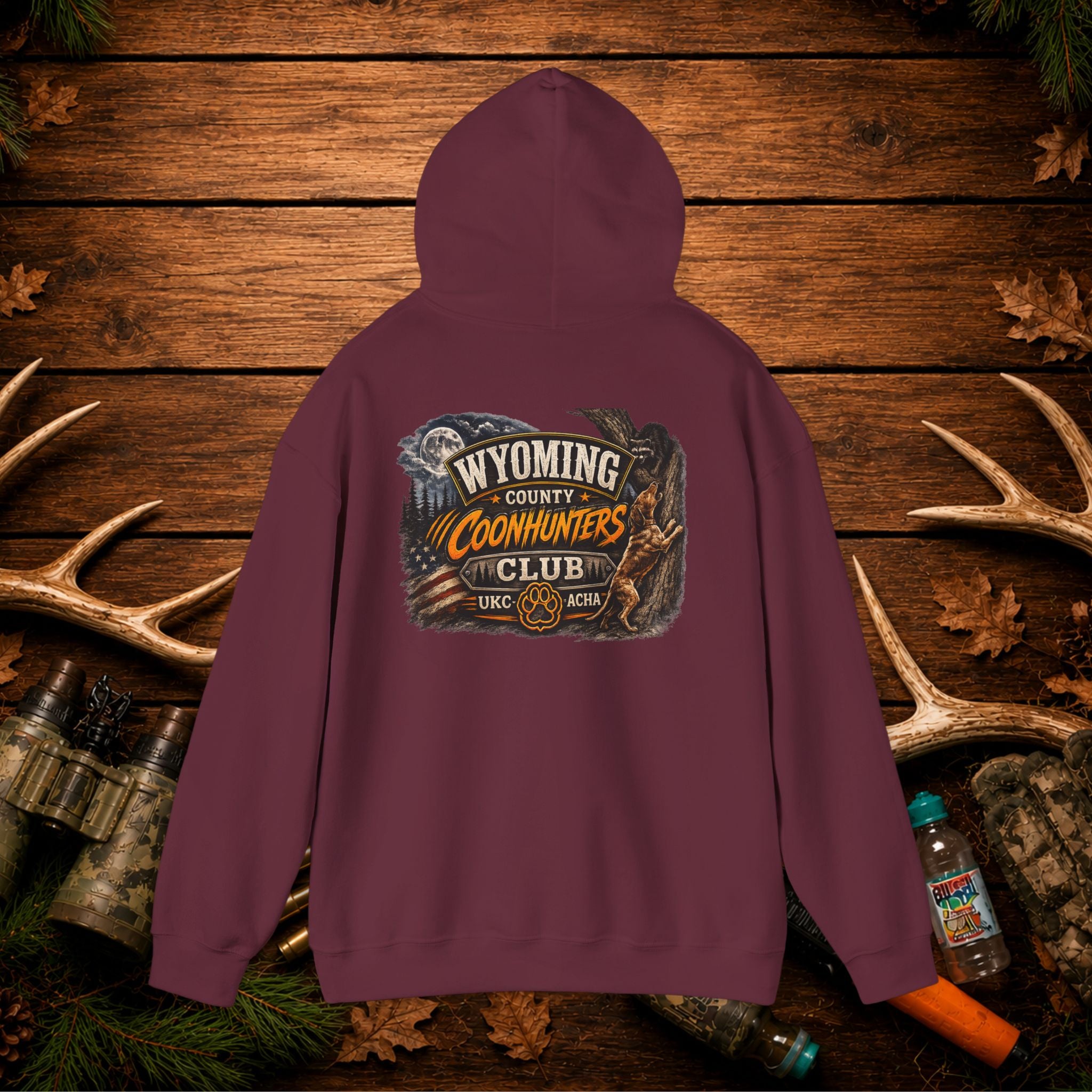 Coonhunters Club Hoodie — Wyoming County Retro Hunting Graphic