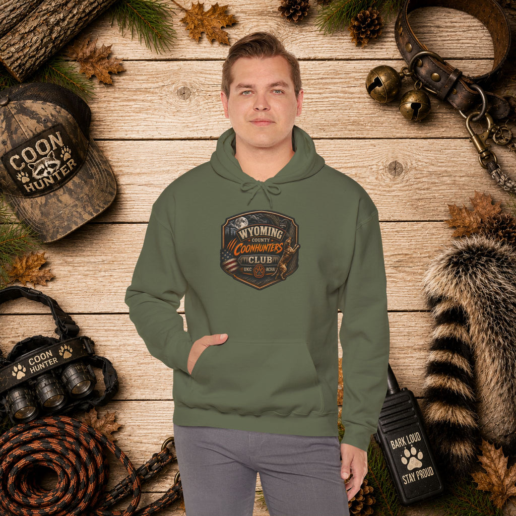 Wyoming Coonhunters Club Hoodie – Dual print badge front/banner back