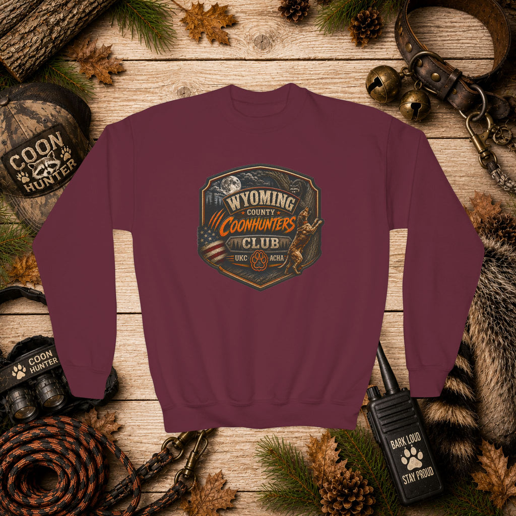 Youth Crewneck Sweatshirt — Wyoming Coonhunters Club Vintage Hunting Graphic Dual print Badge front/Banner back