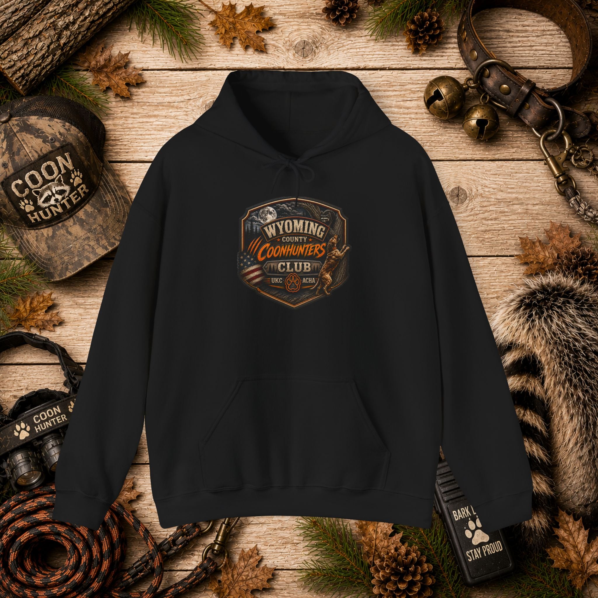 Wyoming Coonhunters Club Hoodie – Dual print badge front/banner back