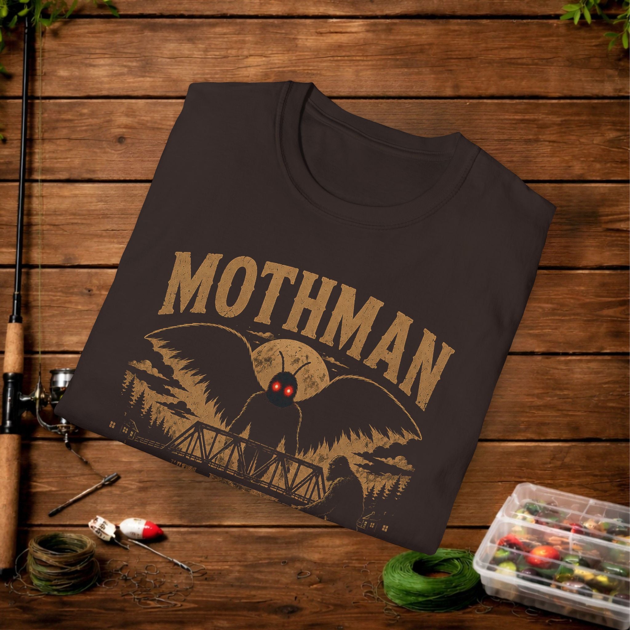 Mothman Bigfoot Fishing Graphic T-Shirt — Retro Cryptid Design (Mothman)