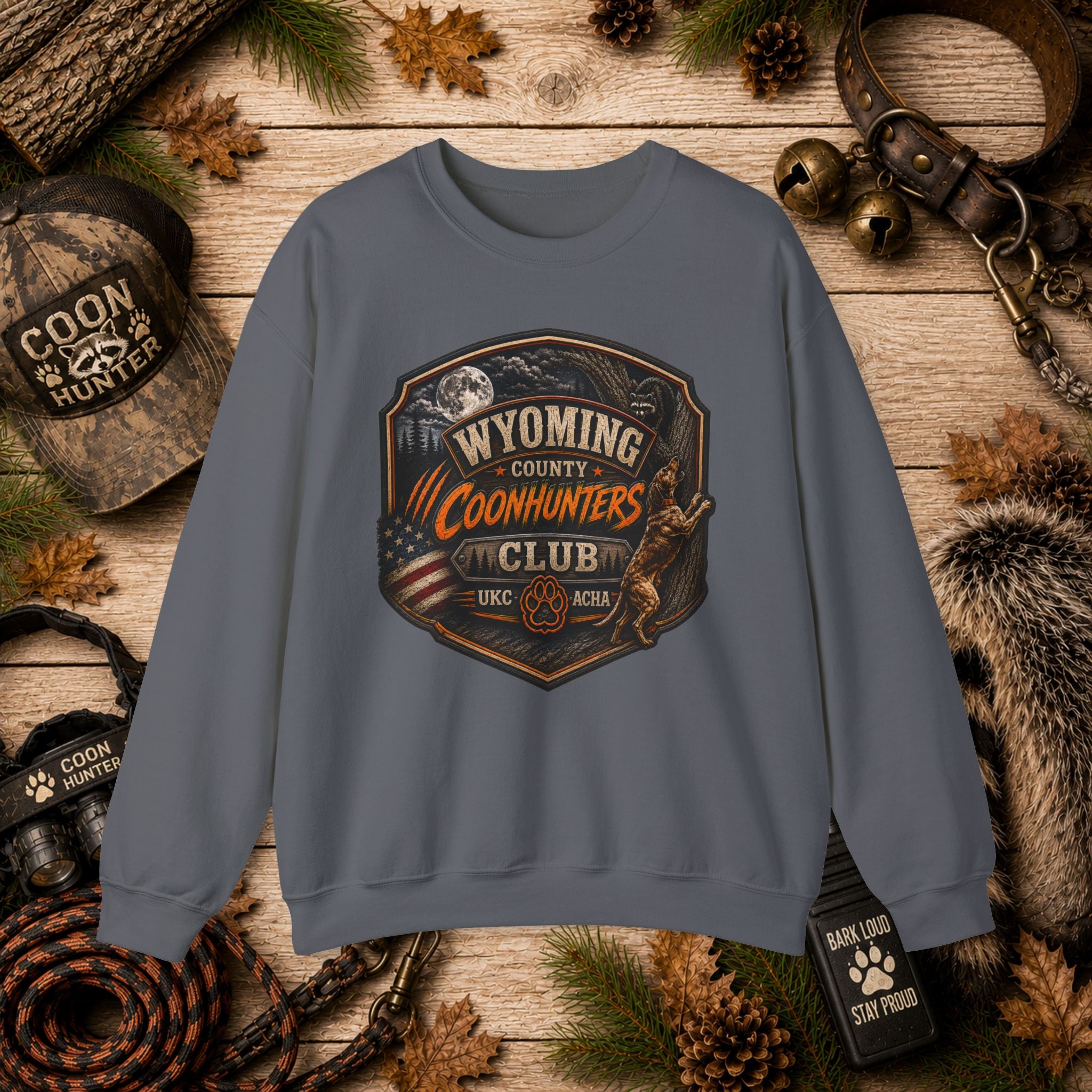 Wyoming Coonhunters Club Crewneck Sweatshirt Dual Print Badge front/Banner back