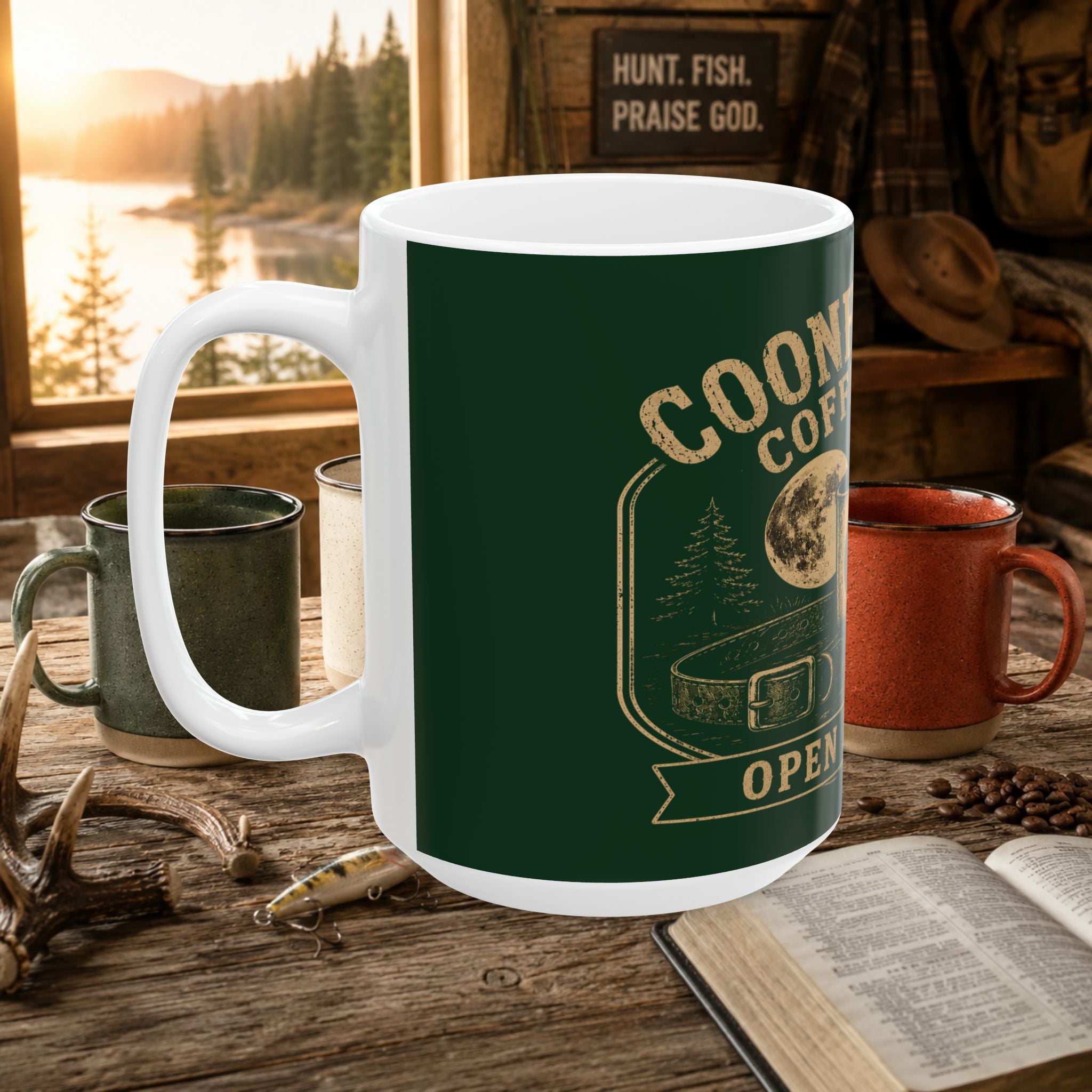 Coon Hunter Coffee Club Mug — "Open All Night" Rustic Houndsman Ceramic Cup (11oz/15oz)