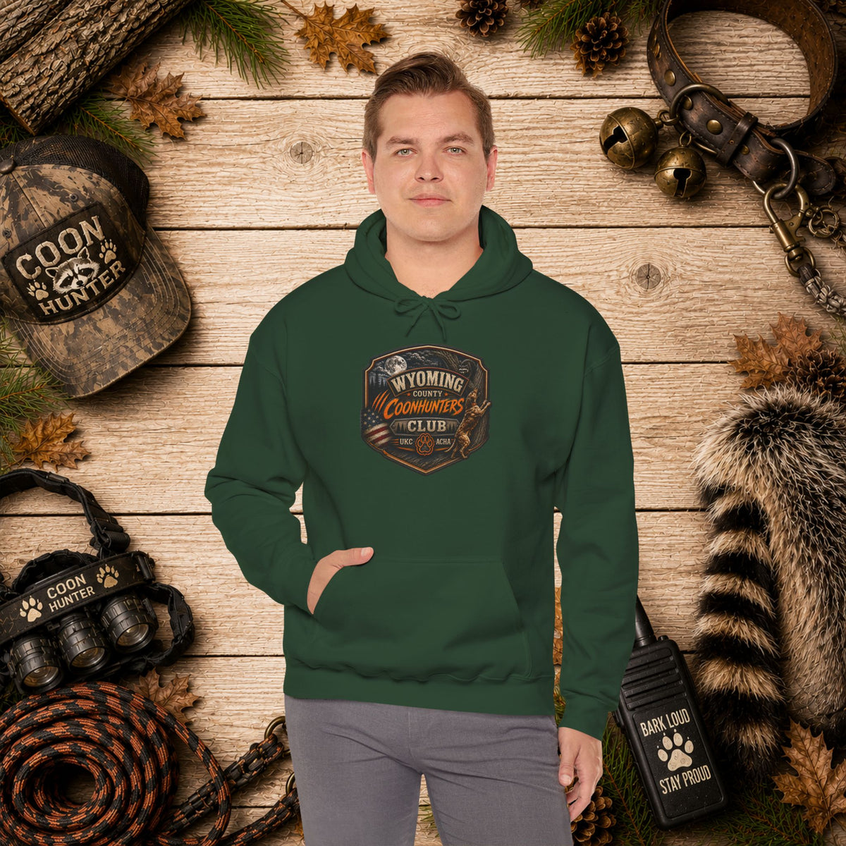 Wyoming Coonhunters Club Hoodie – Dual print badge front/banner back