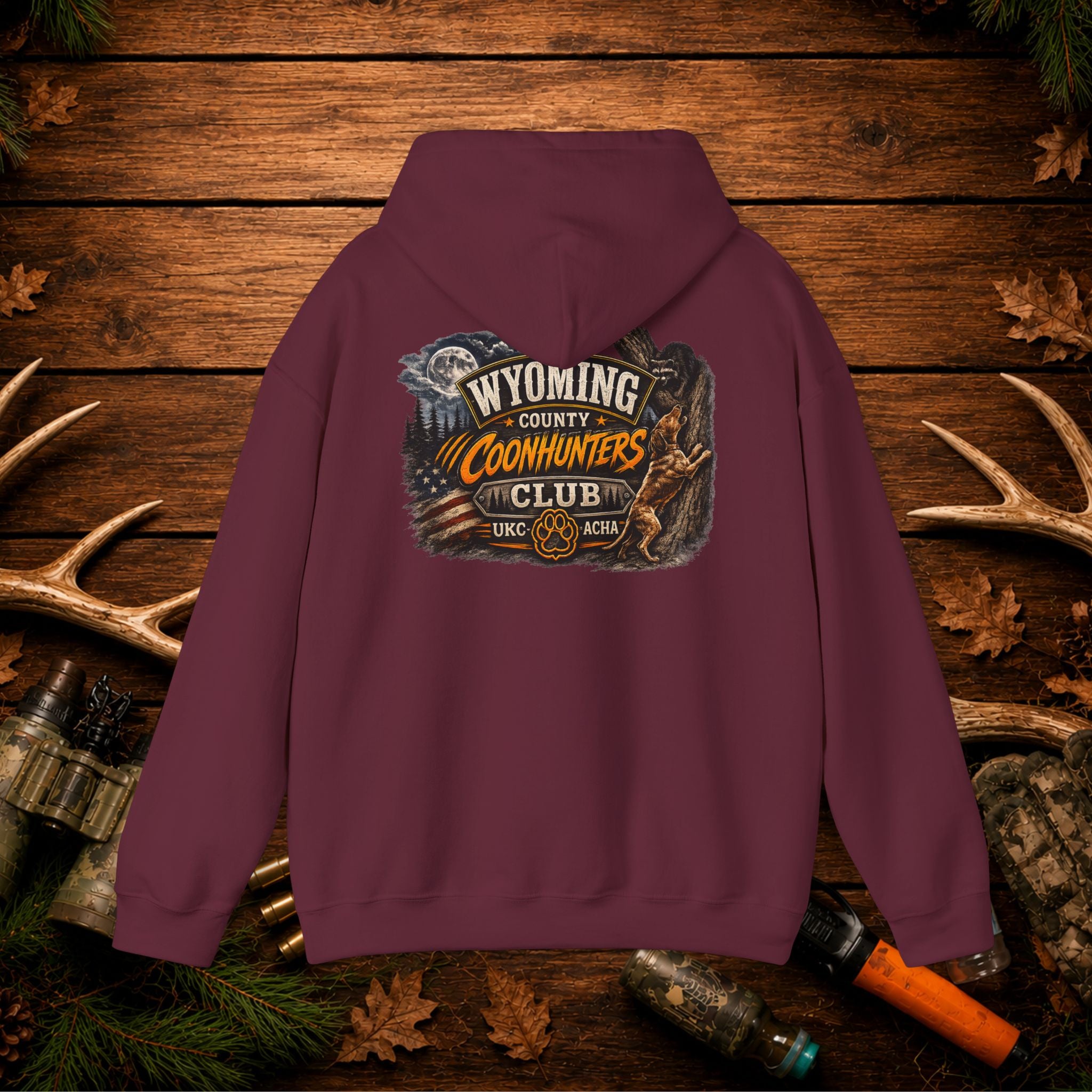 Coonhunters Club Hoodie — Wyoming County Retro Hunting Graphic