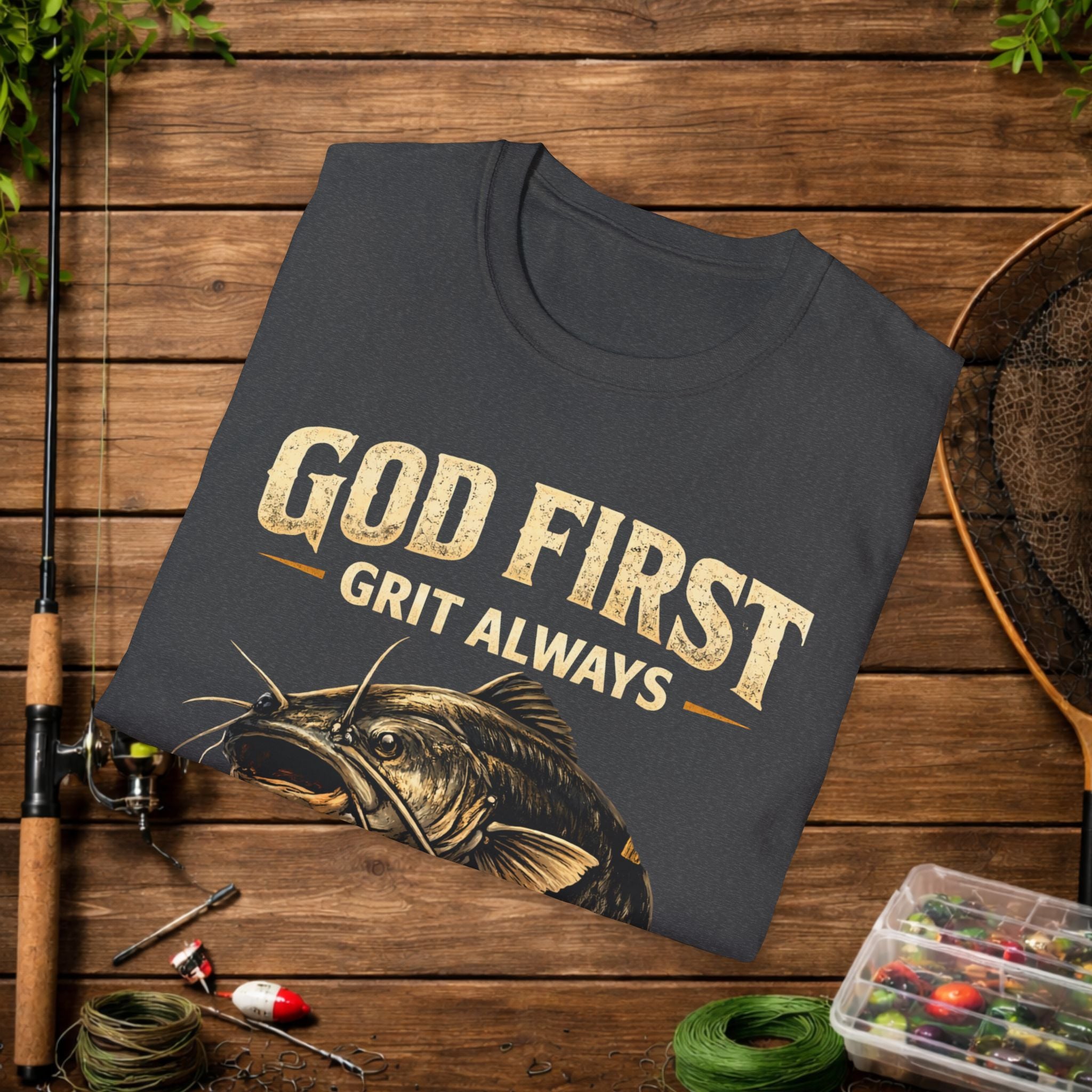 God First Grit Always Shirt – Catfish Fishing Tee – Faith Based Outdoor Shirt – Christian River Life Apparel