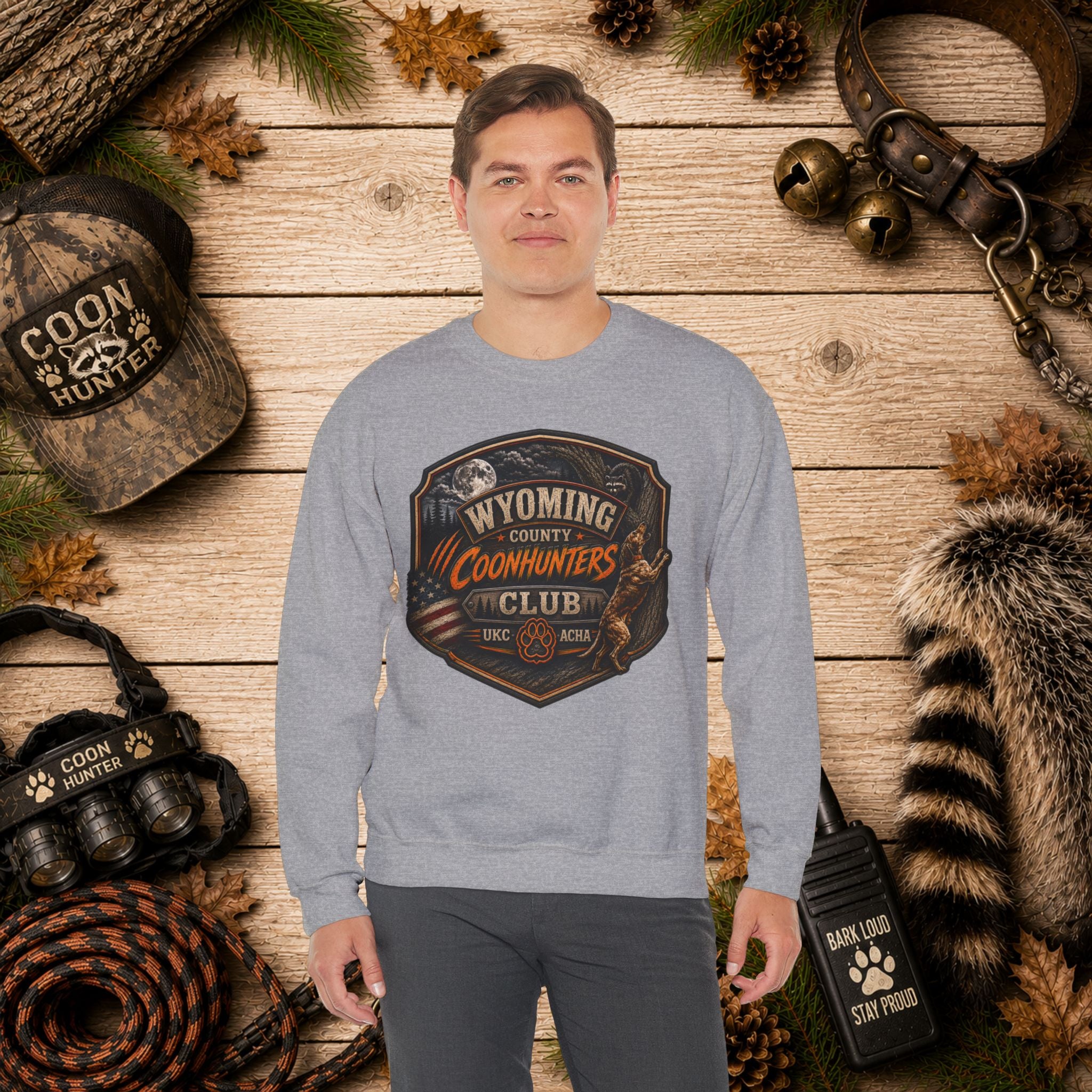Wyoming Coonhunters Club Crewneck Sweatshirt Dual Print Badge front/Banner back