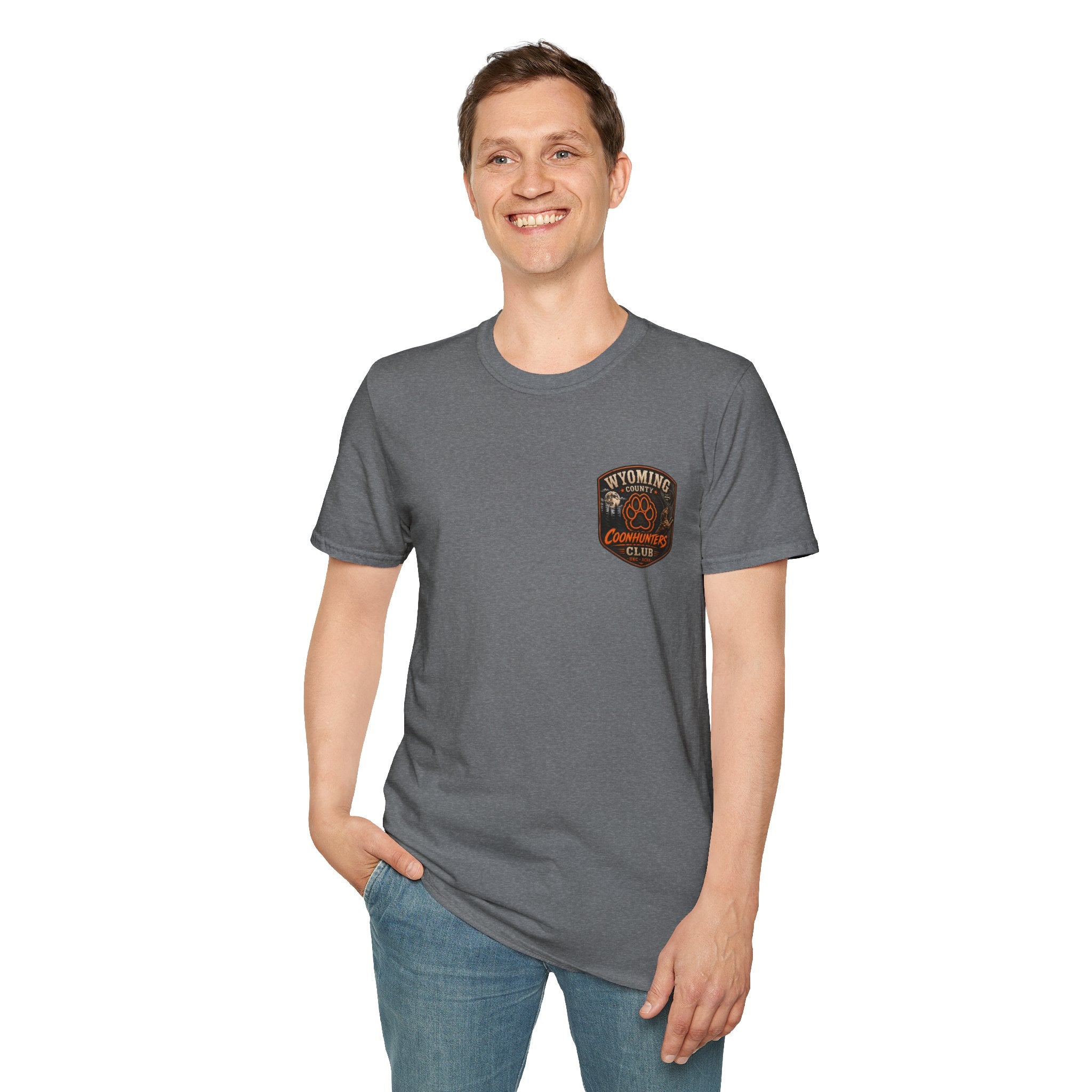 Wyoming Coonhunters Club T‑Shirt — front Badge with banner backTee