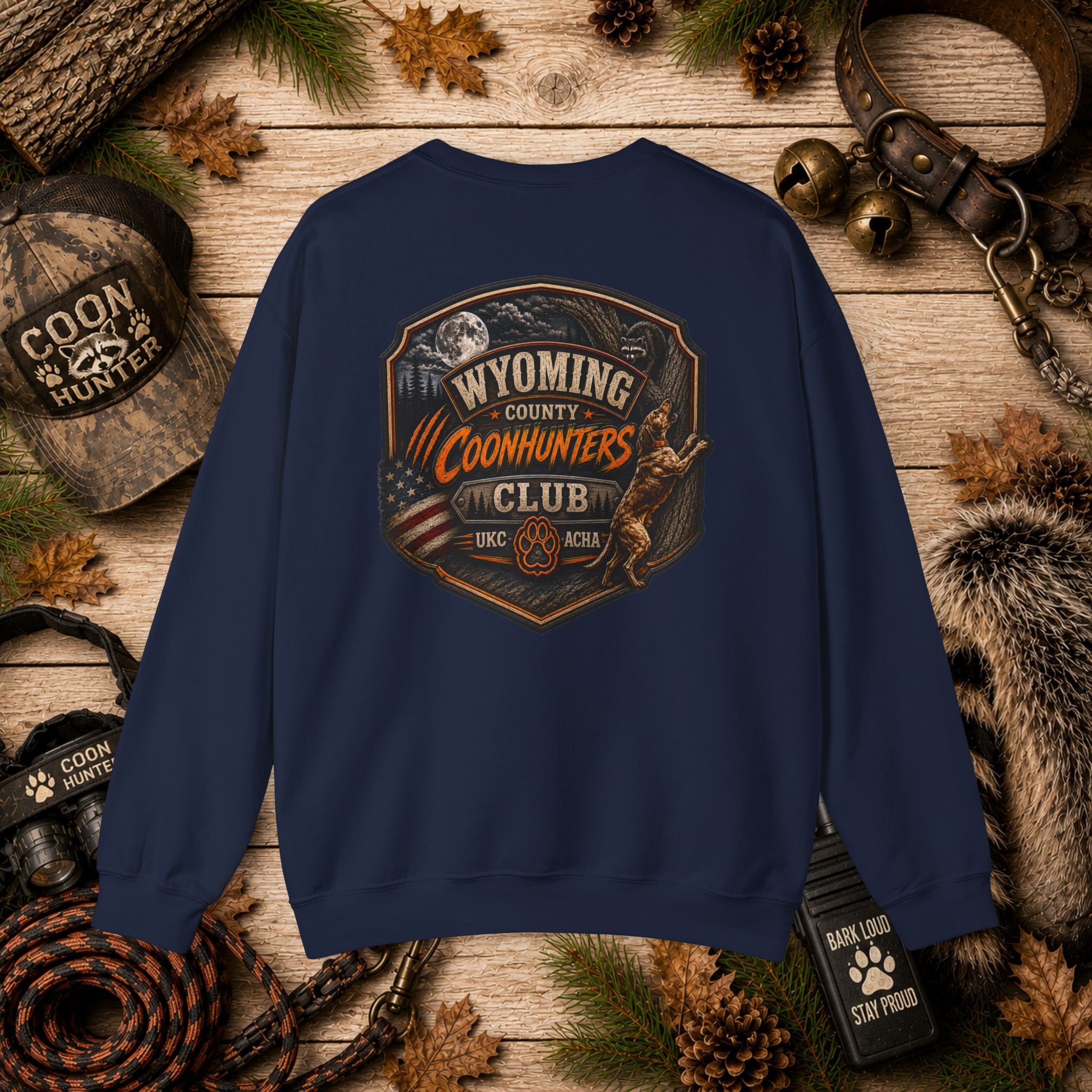 Wyoming County Coonhunters Club Sweatshirt Daul print Banner front/Badge back