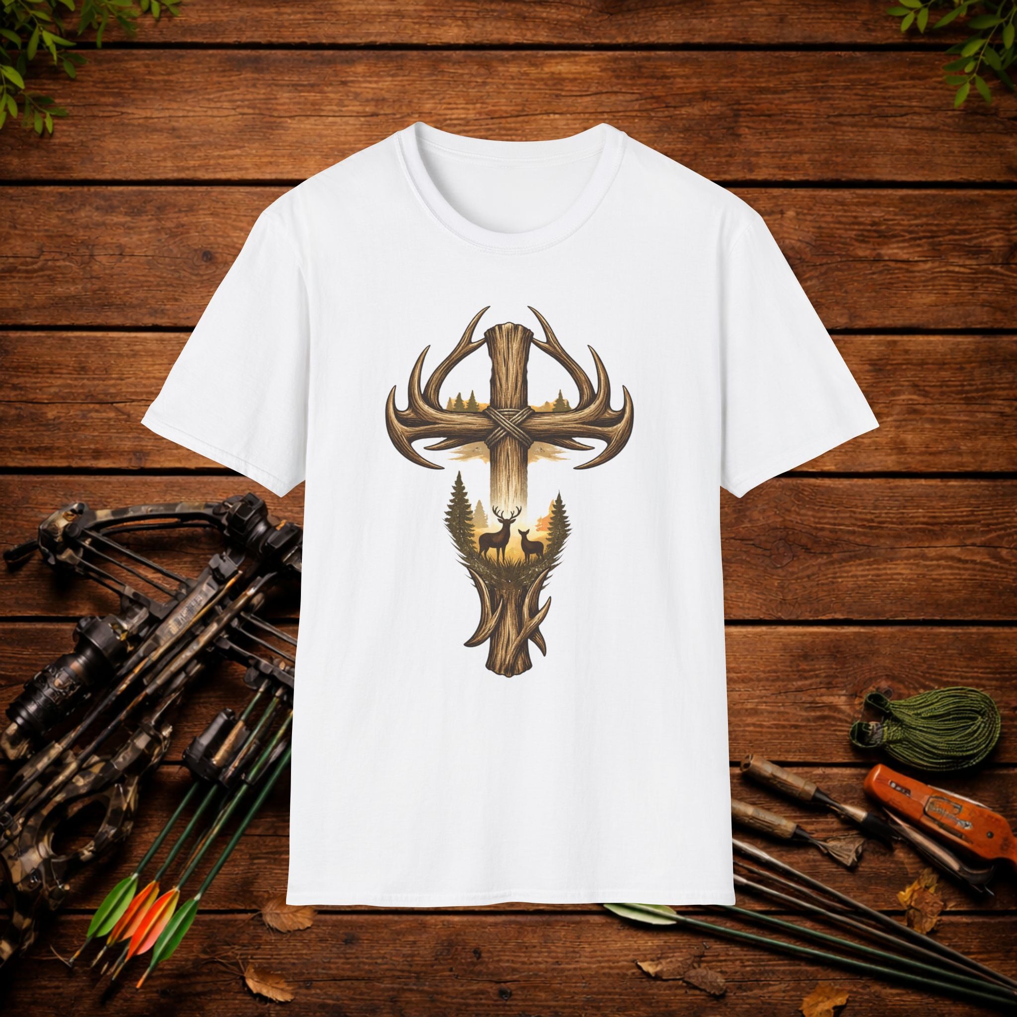 Christian Deer Hunting Shirt – Cross with Antlers Whitetail Tee – Faith Hunting Apparel – Rustic Outdoor Shirt