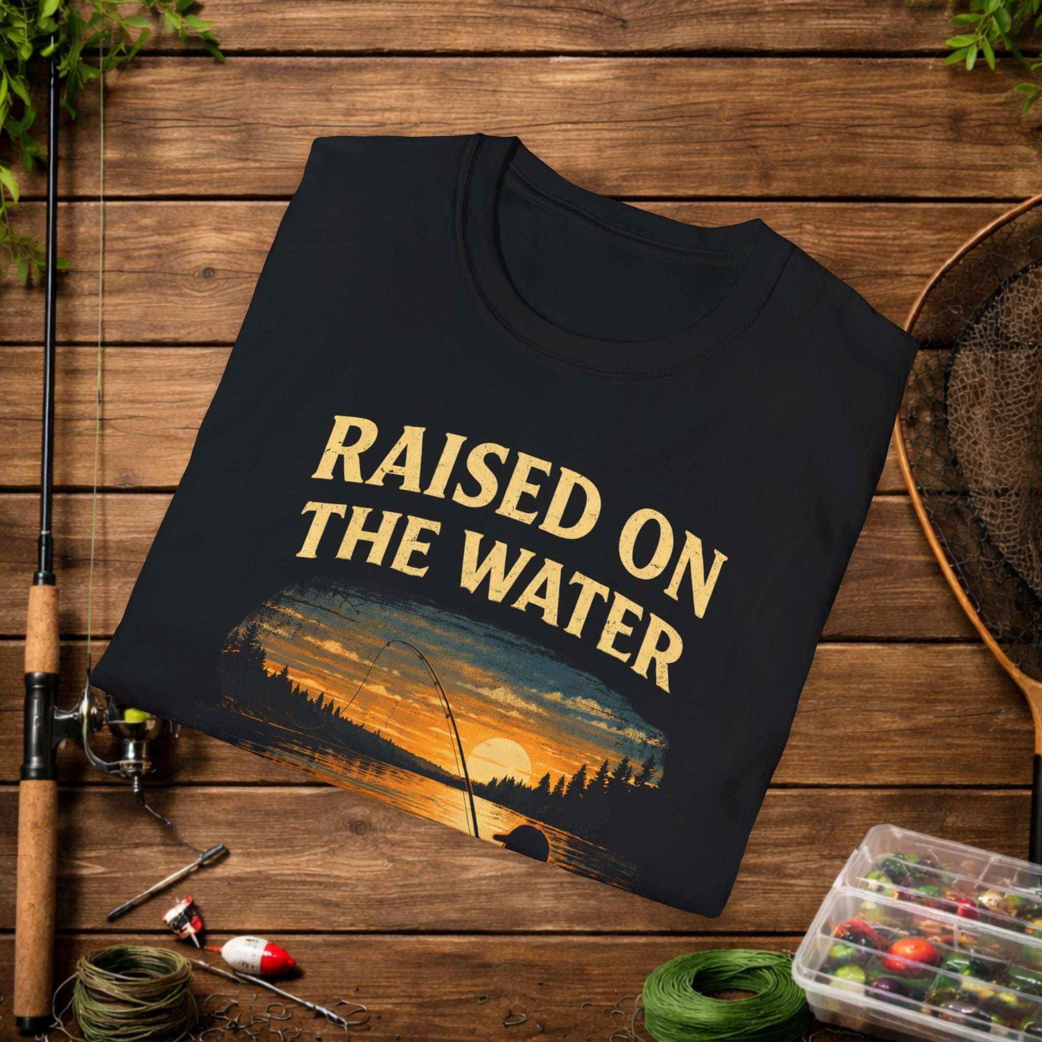 Raised On The Water Shirt – Fishing Dad Tee – Sunset Lake Fishing Shirt – Father Son Fishing Gift – Outdoor Lifestyle Apparel