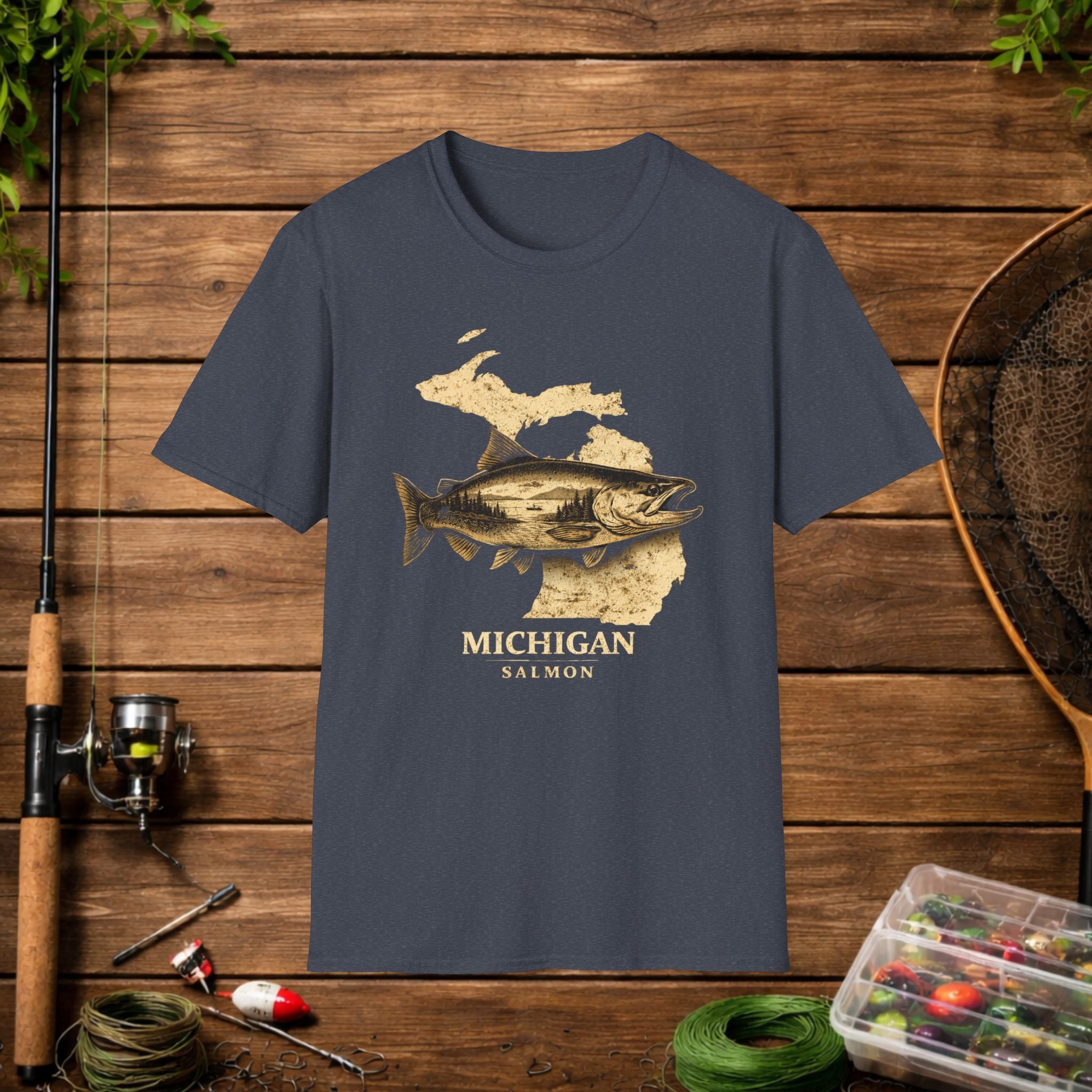 Michigan Salmon Fishing Shirt – Vintage Michigan Angler Tee – Great Lakes Salmon Fishing Apparel – Fisherman Gift