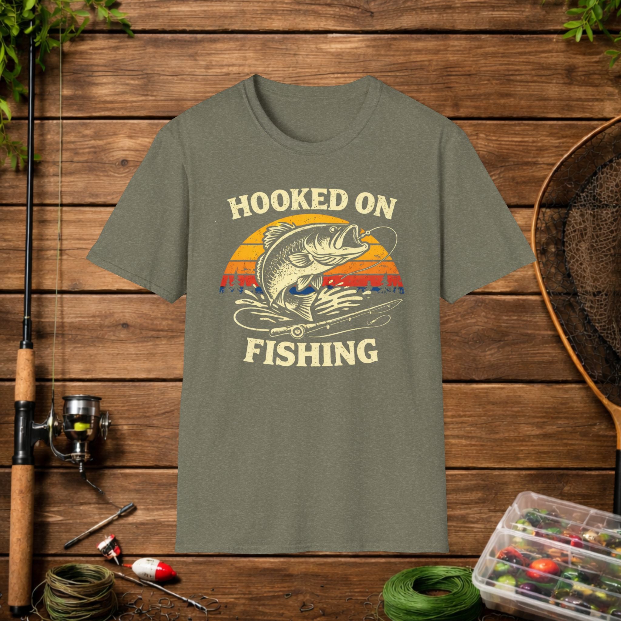 Hooked on Fishing Retro Sunset Shirt – Bass Fishing T-Shirt – Vintage Fisherman Tee – Largemouth Bass Angler Gift