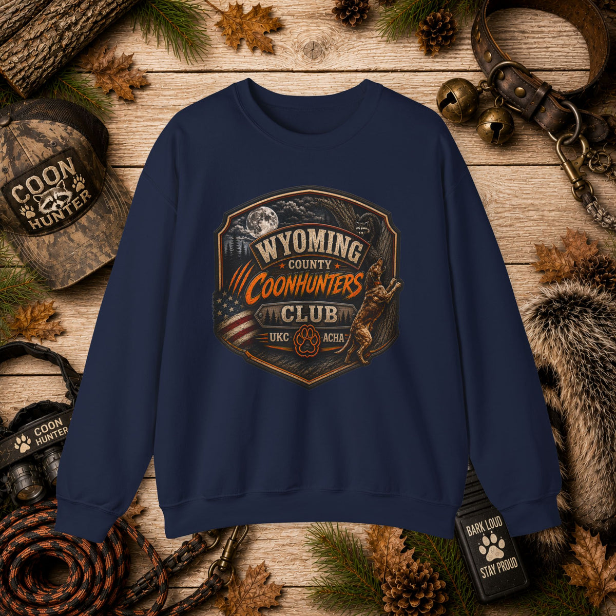 Wyoming Coonhunters Club Crewneck Sweatshirt Dual Print Badge front/Banner back