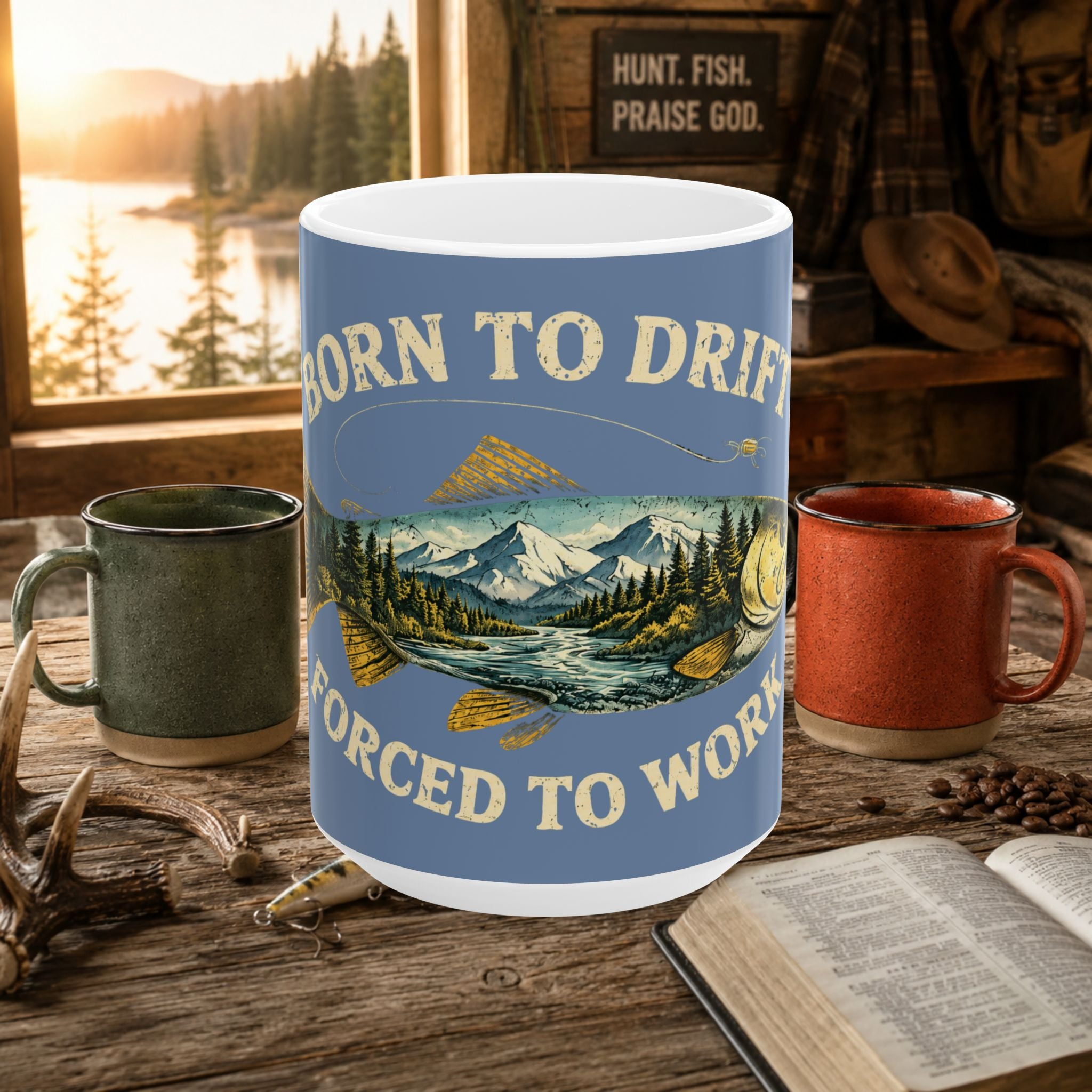 Born to Drift, Forced to Work Fishing Ceramic Mug – Fly Fishing Gift | 11oz & 15oz