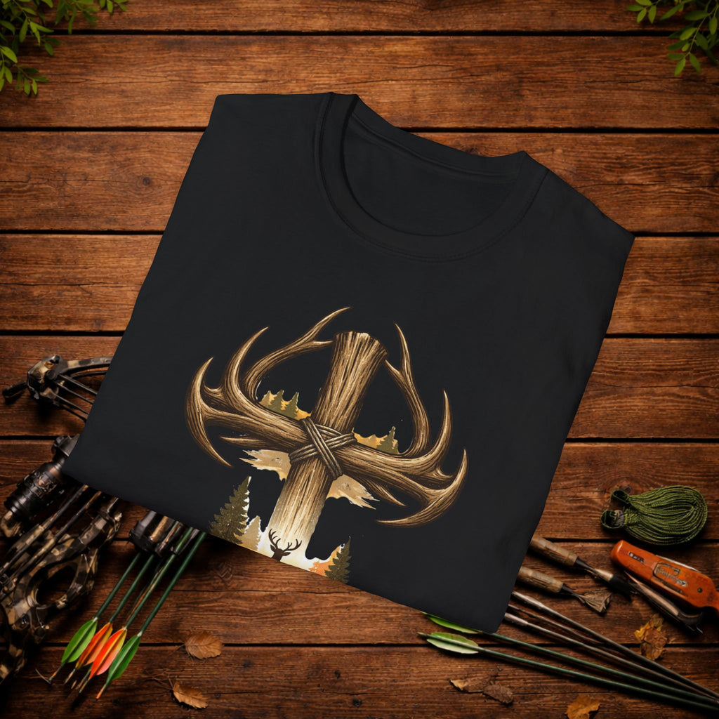 Christian Deer Hunting Shirt – Cross with Antlers Whitetail Tee – Faith Hunting Apparel – Rustic Outdoor Shirt