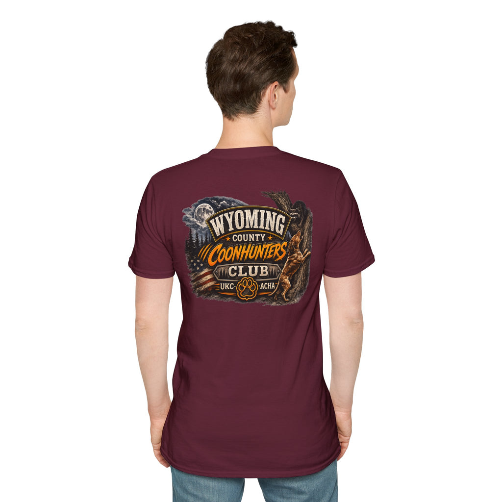 Wyoming Coonhunters Club T‑Shirt — front Badge with banner backTee