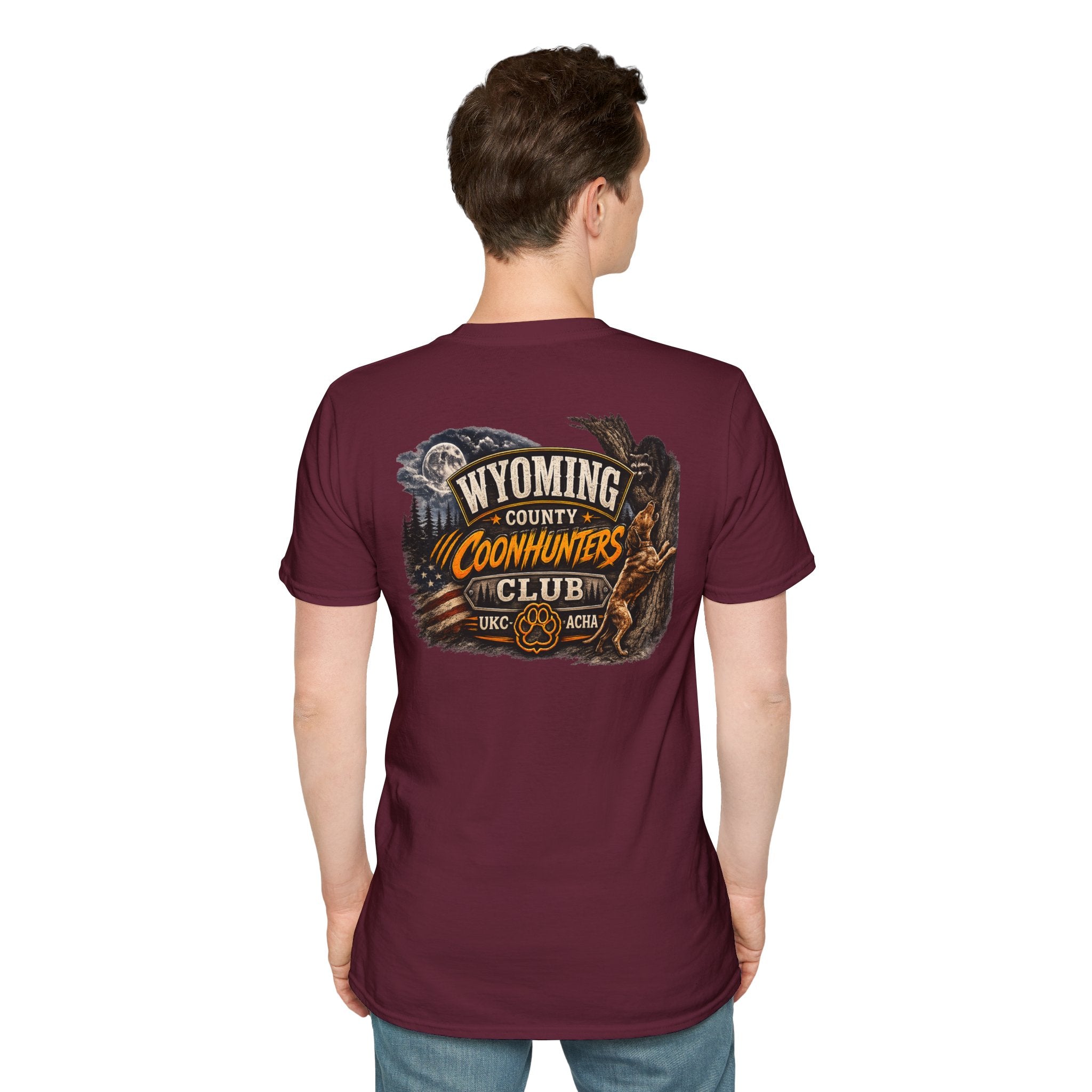 Wyoming Coonhunters Club T‑Shirt — front Badge with banner backTee