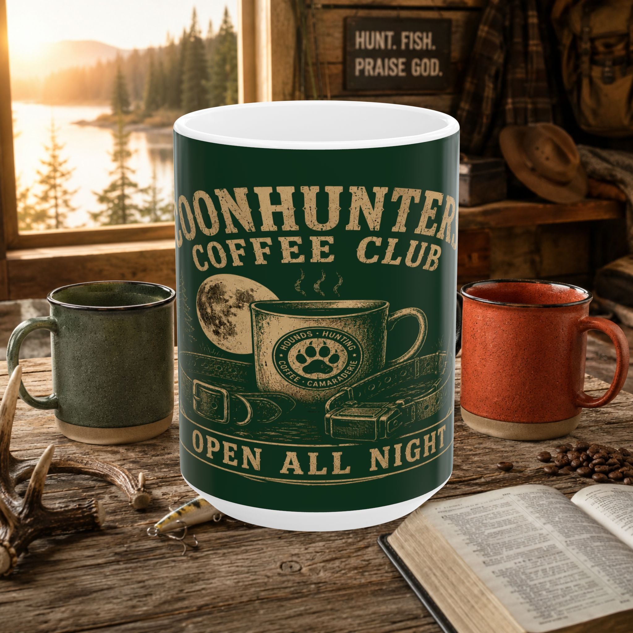 Coon Hunter Coffee Club Mug — "Open All Night" Rustic Houndsman Ceramic Cup (11oz/15oz)